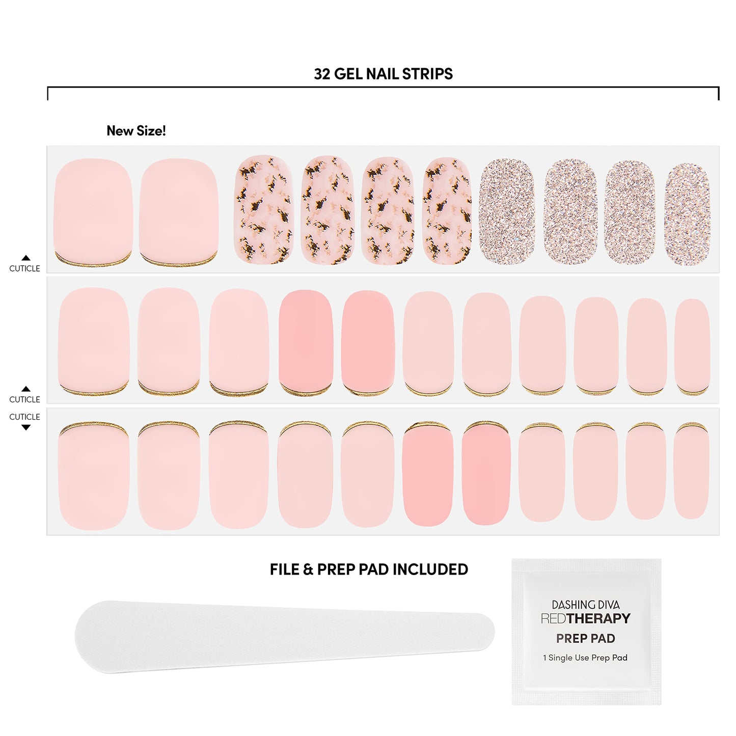 Dashing Diva Gloss Nail Strips - Feeling Flush | UV Free, Chip Resistant, Long Lasting Gel Stickers | 32 Wraps, 1 Prep Pad, 1 File