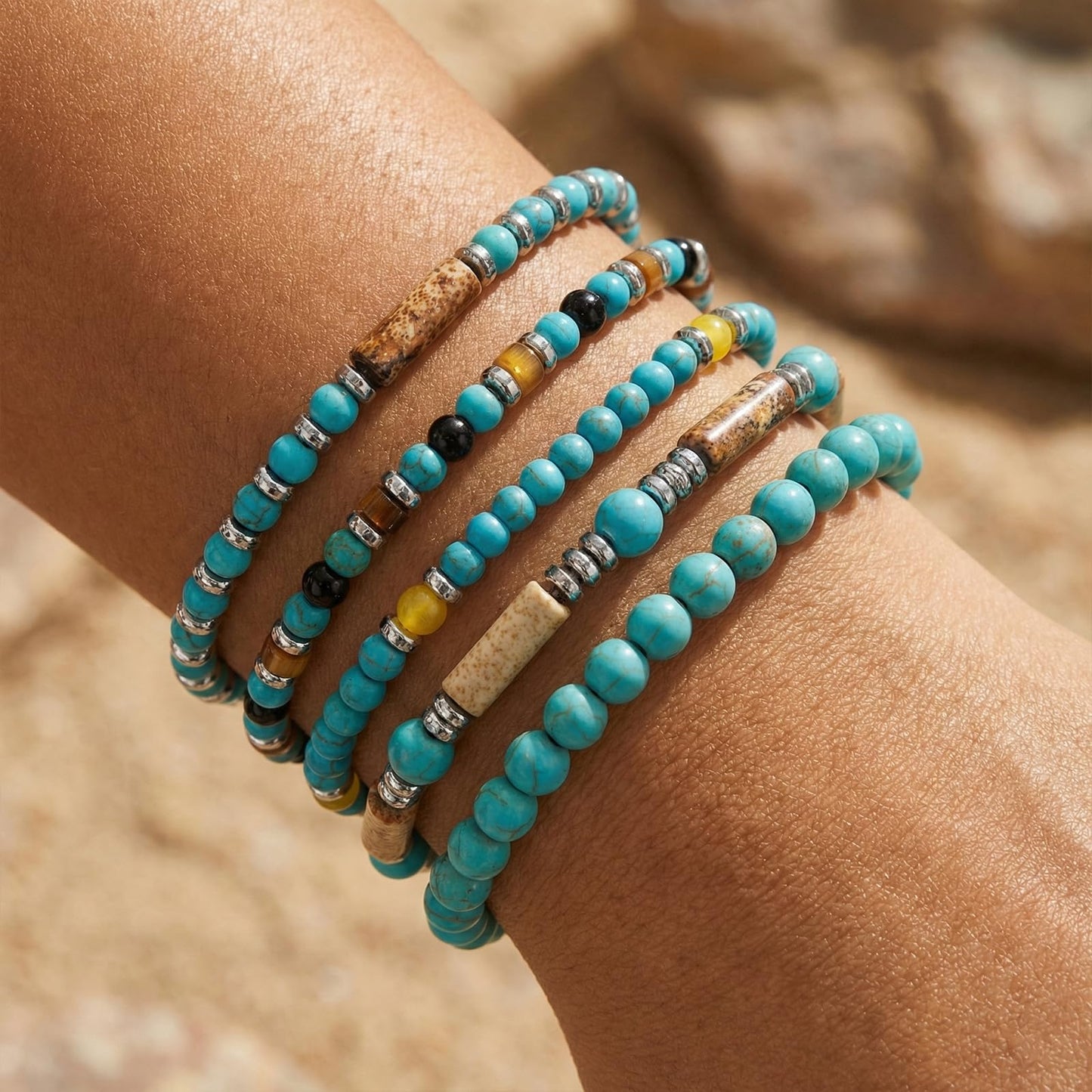 SHINUS BOHO Healing Crystal Beaded Bracelet Stack for Women,Stretch Bohemian Natural Turquoise Gemstones Stackable Bracelets Trendy Summer Accessories Jewelry Gifts Friendship