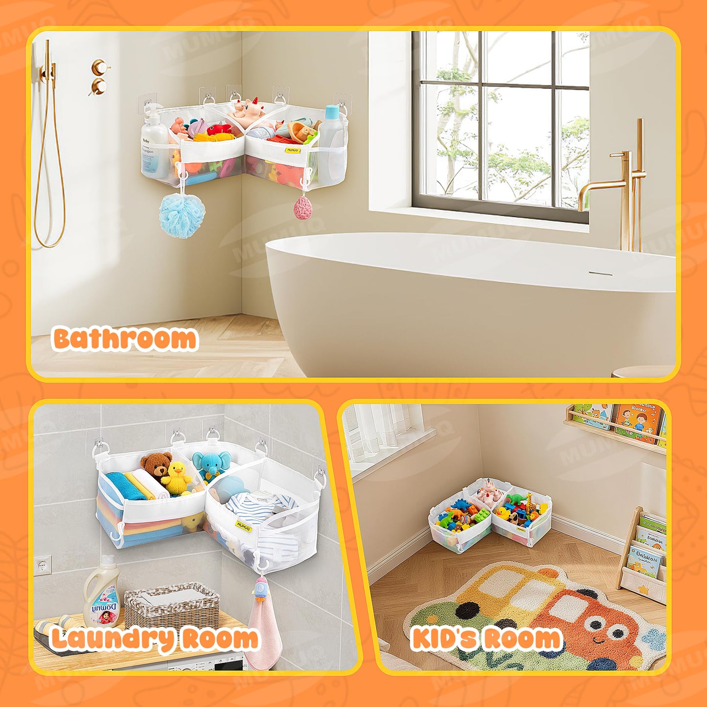 MUMUQ 3 Compartments Bath Toy Storage Corner Bath Toy Holder for Bathtub, Kids Tub Toys Organizer with Adhesive Hooks, Quick-Drying Machine-Washable Mesh Bathroom Organizer for Tidy Bathtub