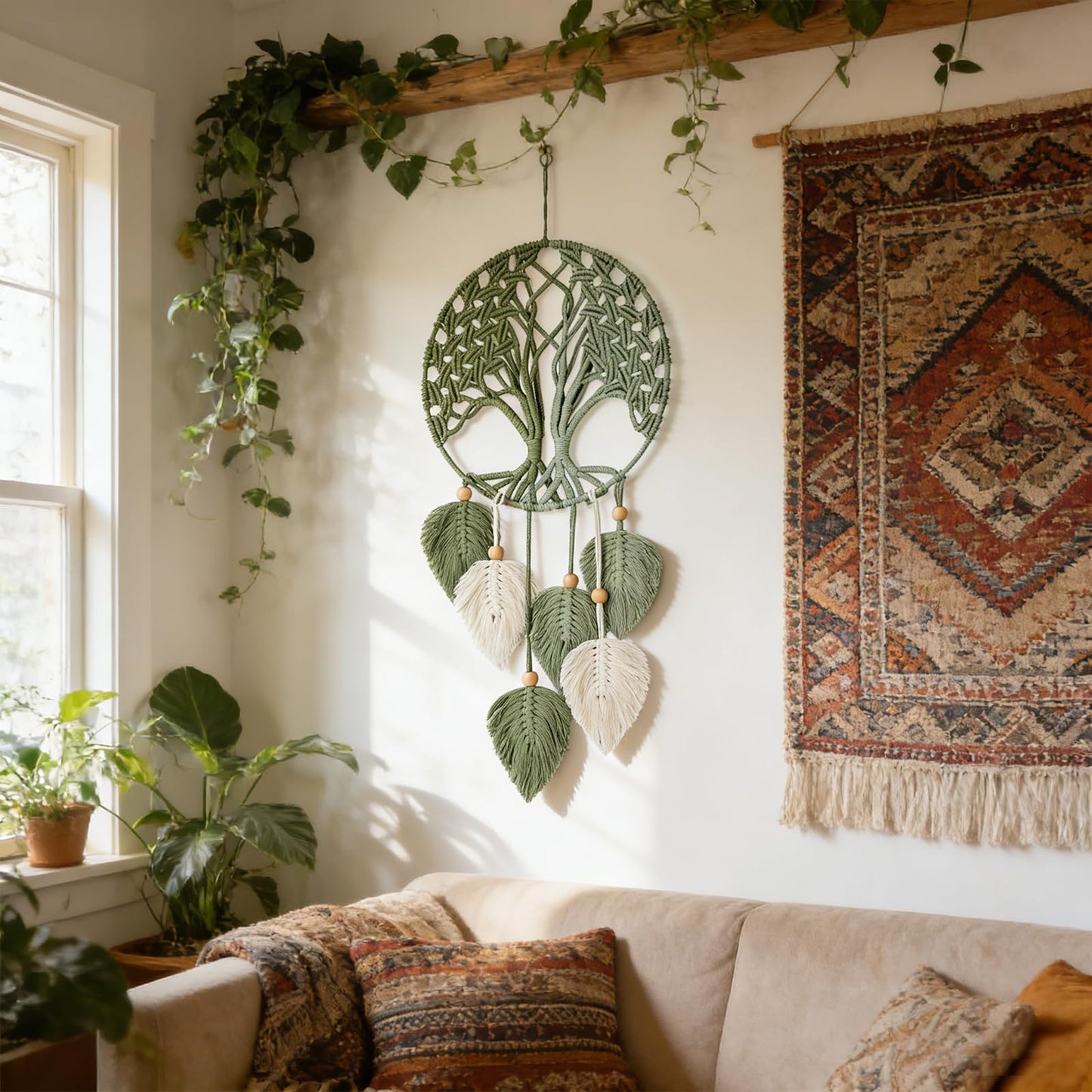 GYHPD Large Handmade Macrame Wall Hanging, Boho Macrame Wall Decor, Boho Wall Art, Rustic Bohemian Home Decor for Living Room Bedroom, Handmade Enthusiast Gift, Aesthetic Housewarming Gift for Mom