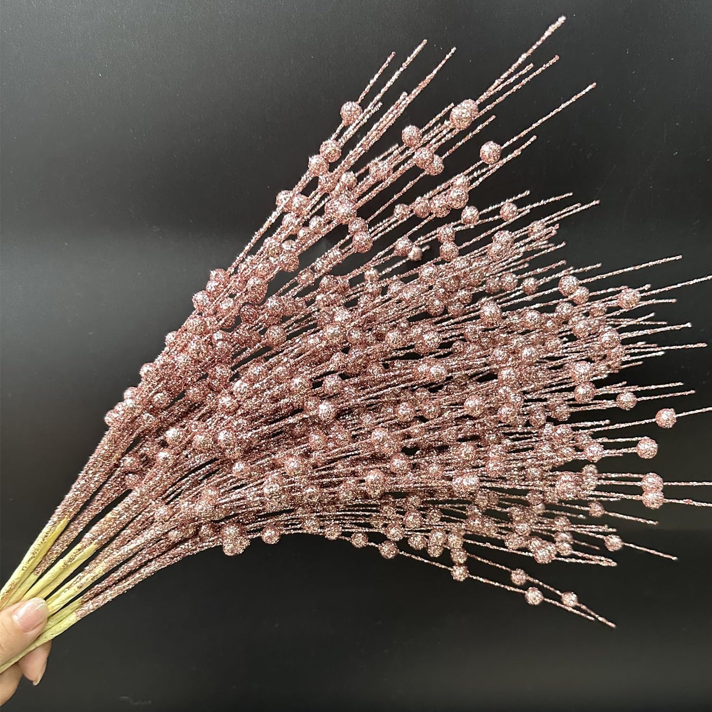 Artificial Glitter Berry Stem Ornaments 17” Decorative Faux Bright Berries Flowers Decorations Picks Bead Sticks Branches for Home Christmas Tree Decor DIY Wreath Crafts - Champagne Pink 10 Pack