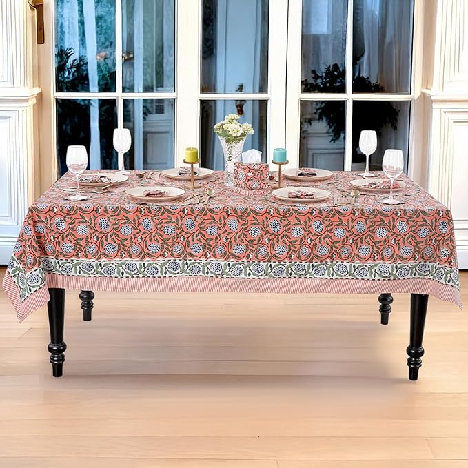 Ridhi Hand Block Print Dark Salmon Pink Rectangle Cotton Tablecloth 160" x 72" Reusable Table Cover Decorative Everyday Use for Dining, Farmhouse, Home Gift for Spring, Easter, Valentine