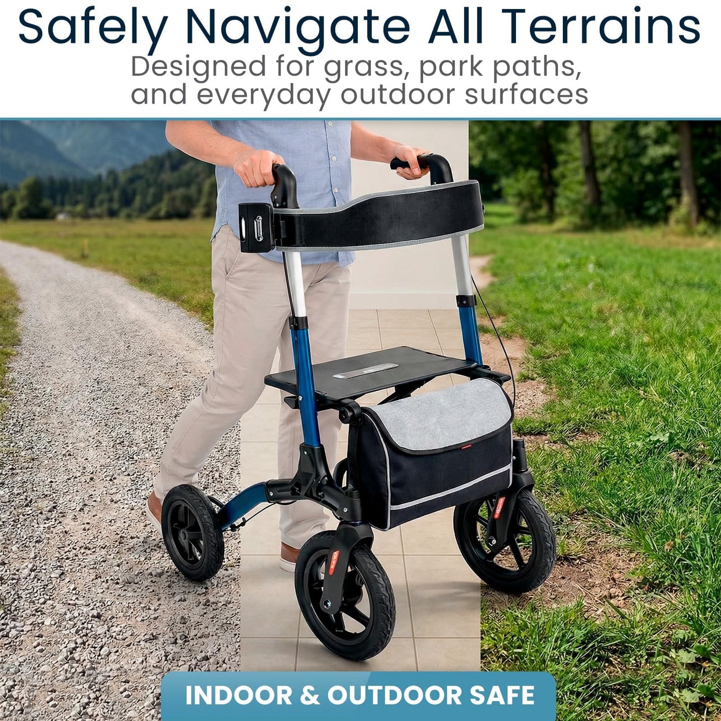 Vive All-Terrain Rollator Walker with 12” Pneumatic Wheels - Padded Seat & Backrest, Lightweight Outdoor Rolling Walker with Big Wheels - Foldable with Height Adjustments
