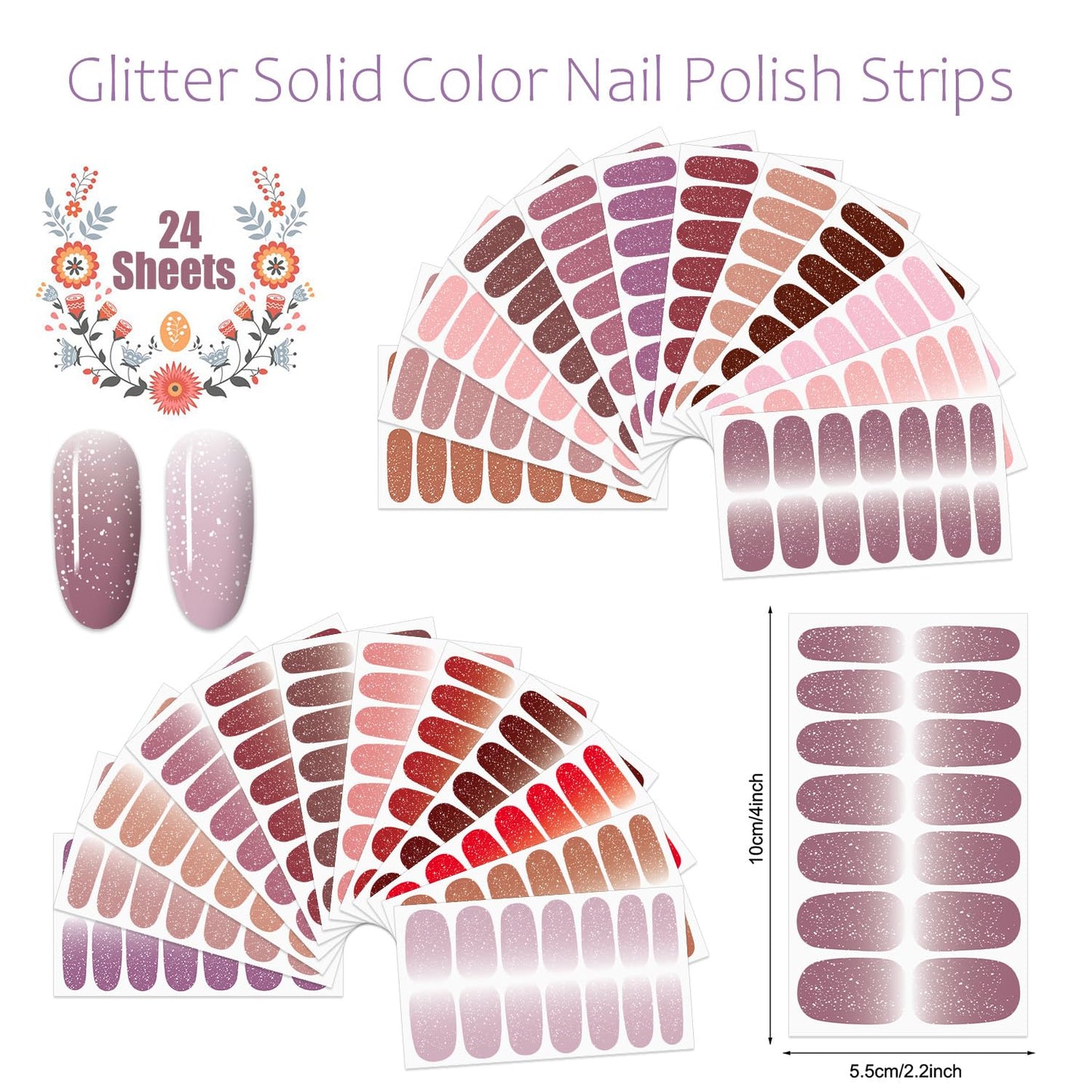 JERCLITY 24 Sheets Glitter Nail Wraps for Short Nails Gradient Solid Color Nail Polish Strips Self-Adhesive Nail Stickers Full Wraps for Women Girls