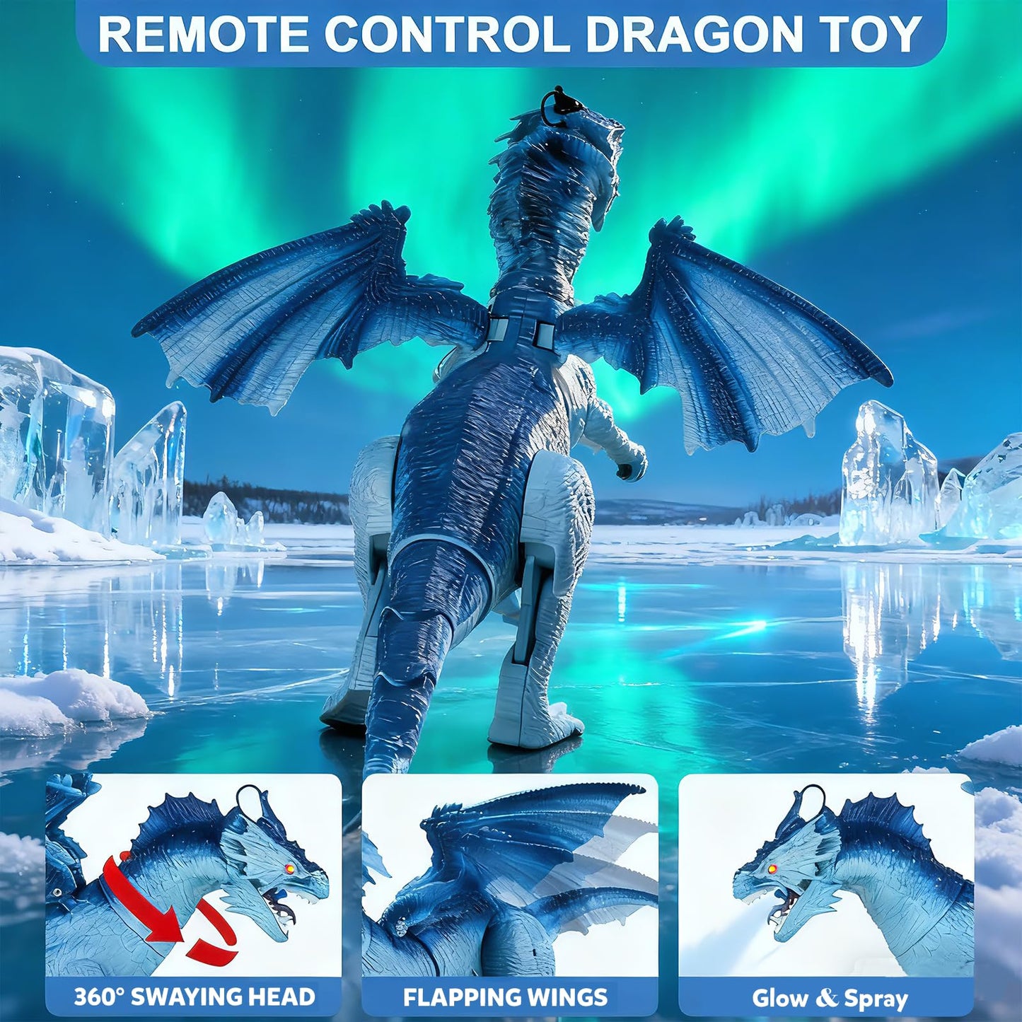 TALGIC Remote Control Dragon, Dragon for Kids with Spraying, Roaring, Swaying Head, Wings, Light-Up Interactive Robot Dinosaur Toys for Boys and Girls, Blue
