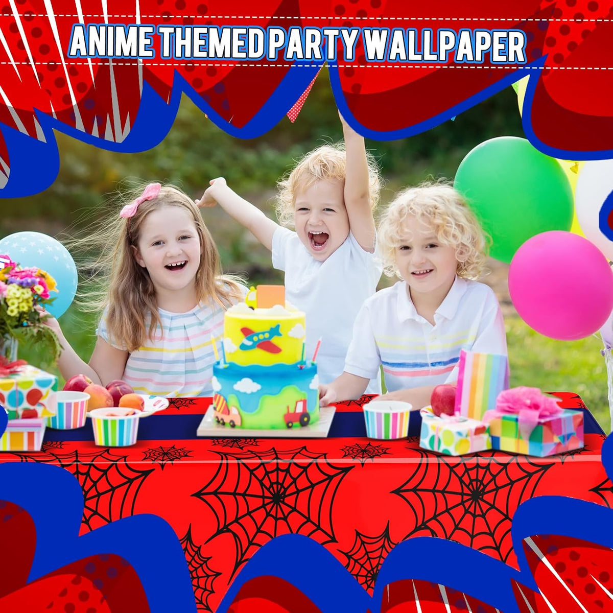 Oudain 3 Pack Spider Theme Birthday Decorations Halloween Purple Black Red Pink Green Web Ghost Bat Tablecloth Cartoon Table Cover Party Favor for Birthday (Black,Red,Spider)