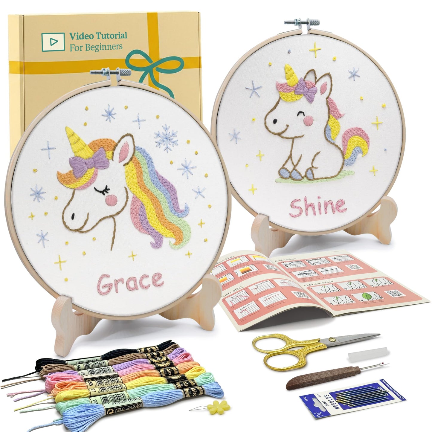 Bradove Embroidery Kit for Kids and Adults, Unicorns Embroidery Kit for Beginners, Easy Needlepoint Starter Kit with 2 Display Stands