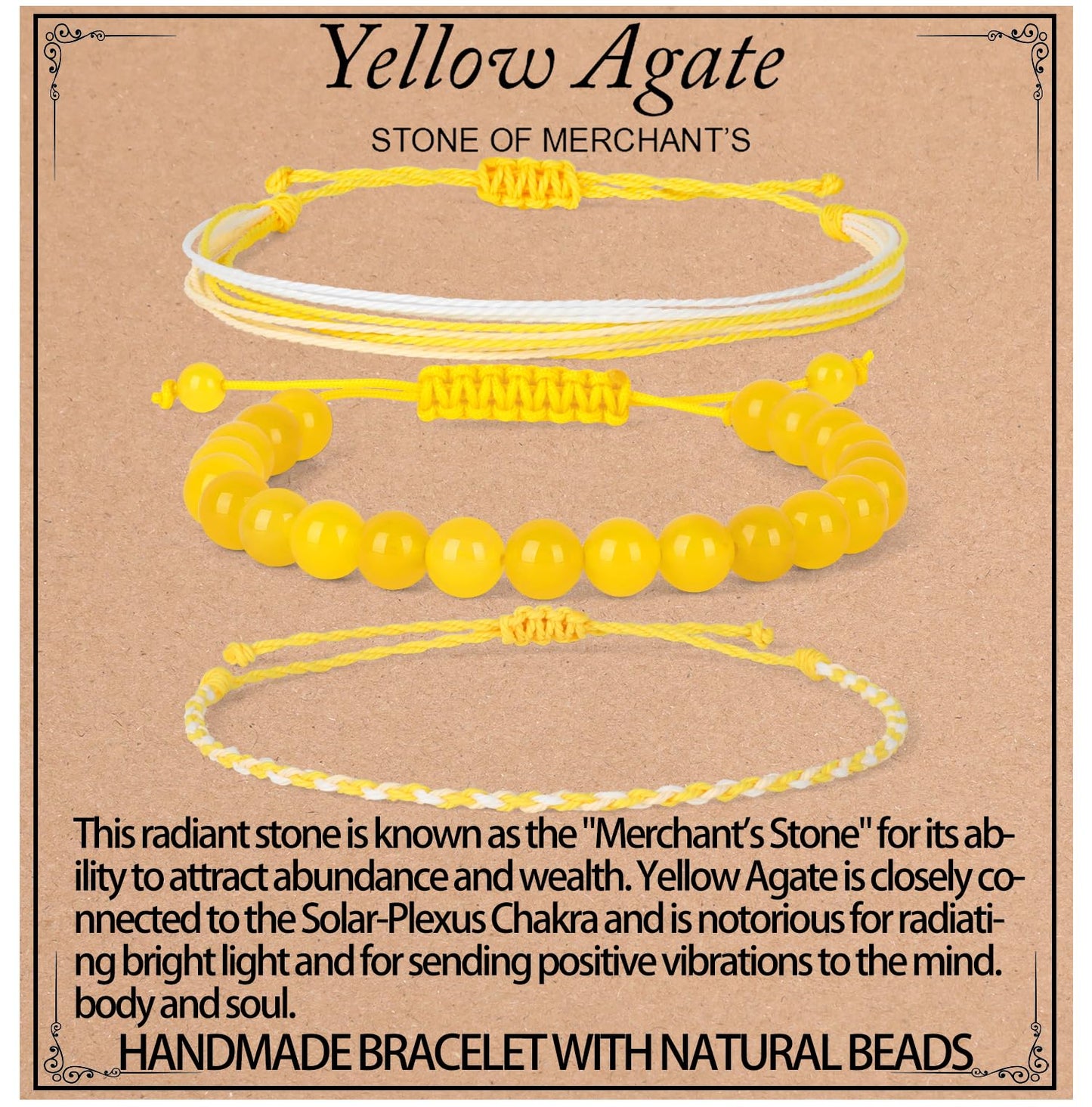 QOGIR Handmade Healing Bracelets,8mm Natural Yellow Agate Gem Stone Beads Bracelet for Men Women Gifts with 2PCS Size Adjustable Rope Bracelets
