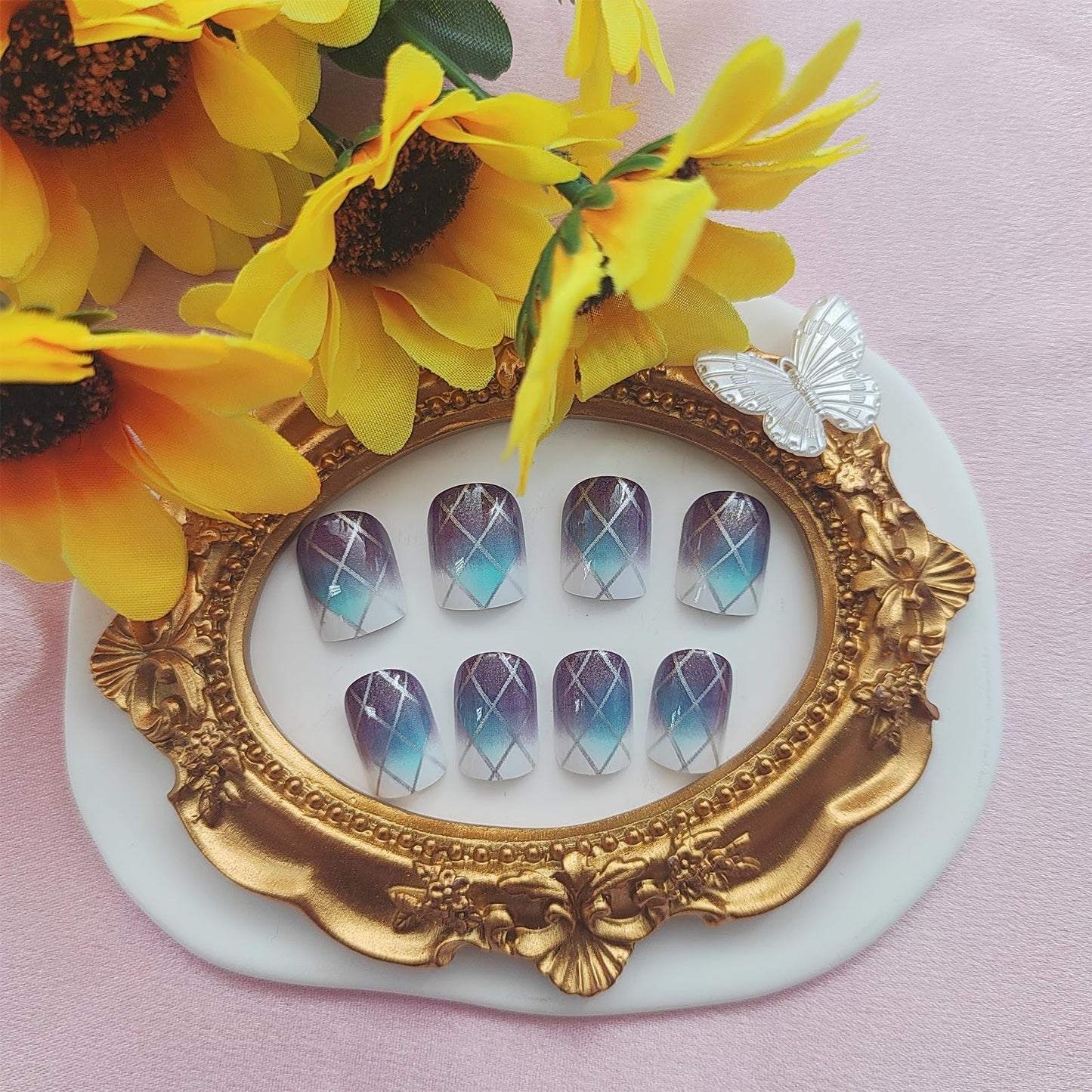 Acrylic Press on Nails Square Short Fake Nails with Lines Designs Purple Blue Ombre Nails Press ons Glossy Glue on Nails Daily Wear Simple Artificial Stick on Nails for Women 24Pcs