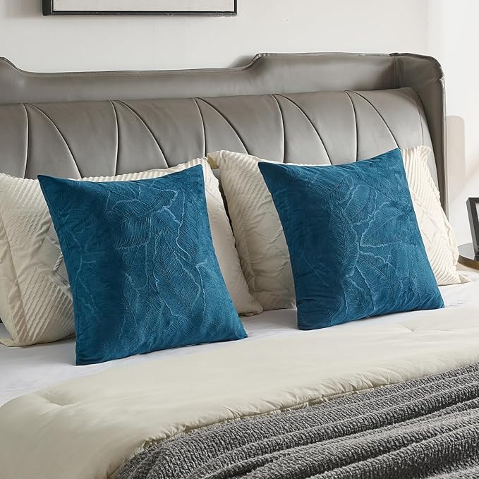 FUTEI Navy Blue Velvet Throw Pillow Covers 16x16 Inch Set of 2,Soft Embossed Leaf-Relief Textured Cushion Cases,Natural Home Decor for Couch Living Room