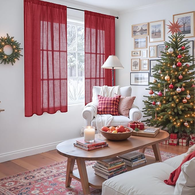 BGment Linen Burgundy Curtains 54 Inch Length for Short Window, Semi Sheer Drapes Lightweight Rustic Textured for Living Room Bedroom with Rod Pocket, 2 Panels Set, Each 42 Inch Wide