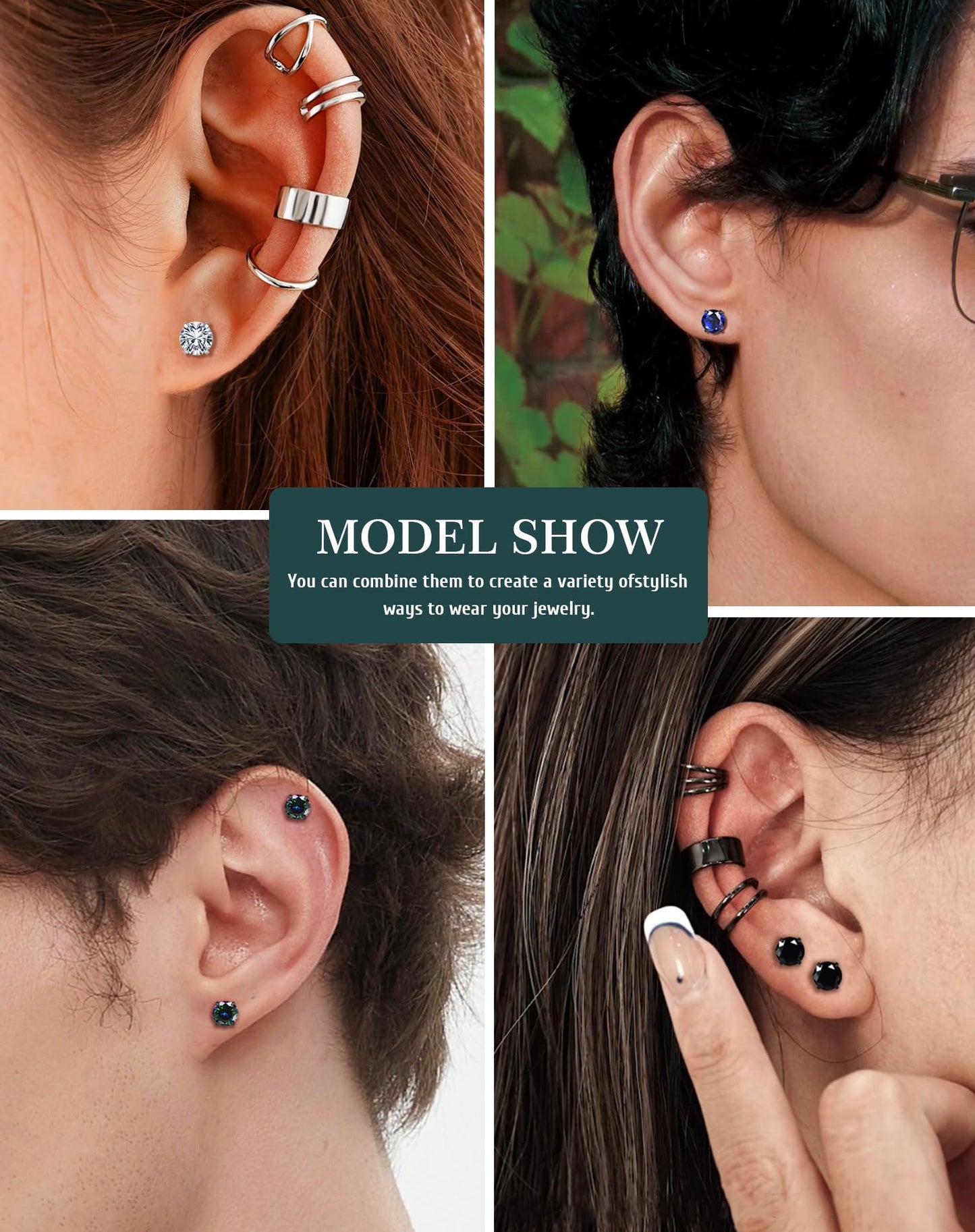 SIISPRI 4 Pairs Stainless Steel Magnetic Stud Earrings for Men Women Hypoallergenic Inlaid Cubic Zirconia Unisex Non-Piercing Clip On Stud Diamond Earrings Set