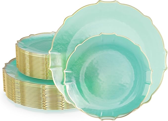 Mint & Gold Rim Disposable Party Plates 40pc – Fancy Plastic Dinnerware Set for 20 Guests | Dessert & Dinner