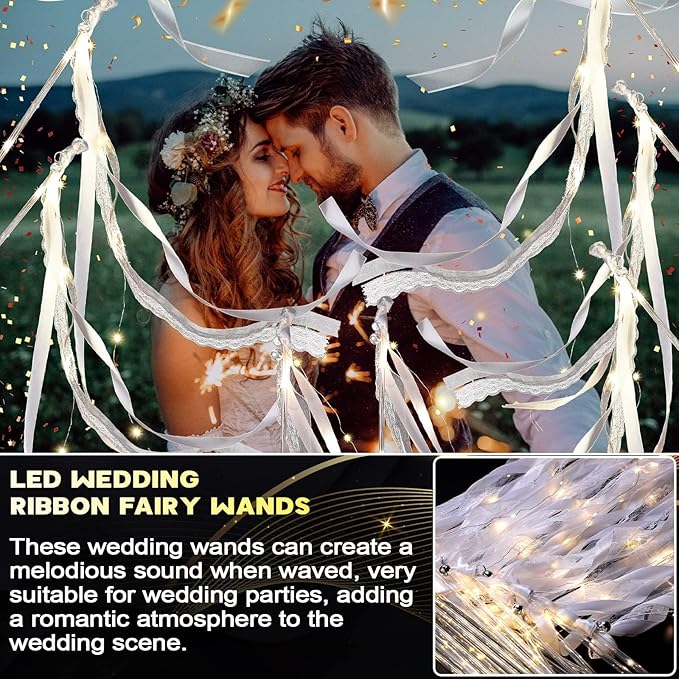 Unittype Wedding Wands Ribbon Streamers with Bells LED Fairy Light up Silk Fairy Wand Glow in the Dark Flashing Lace Stick for Wedding Birthday Party Favors (Ivory & Warm White LED,100 Pieces)