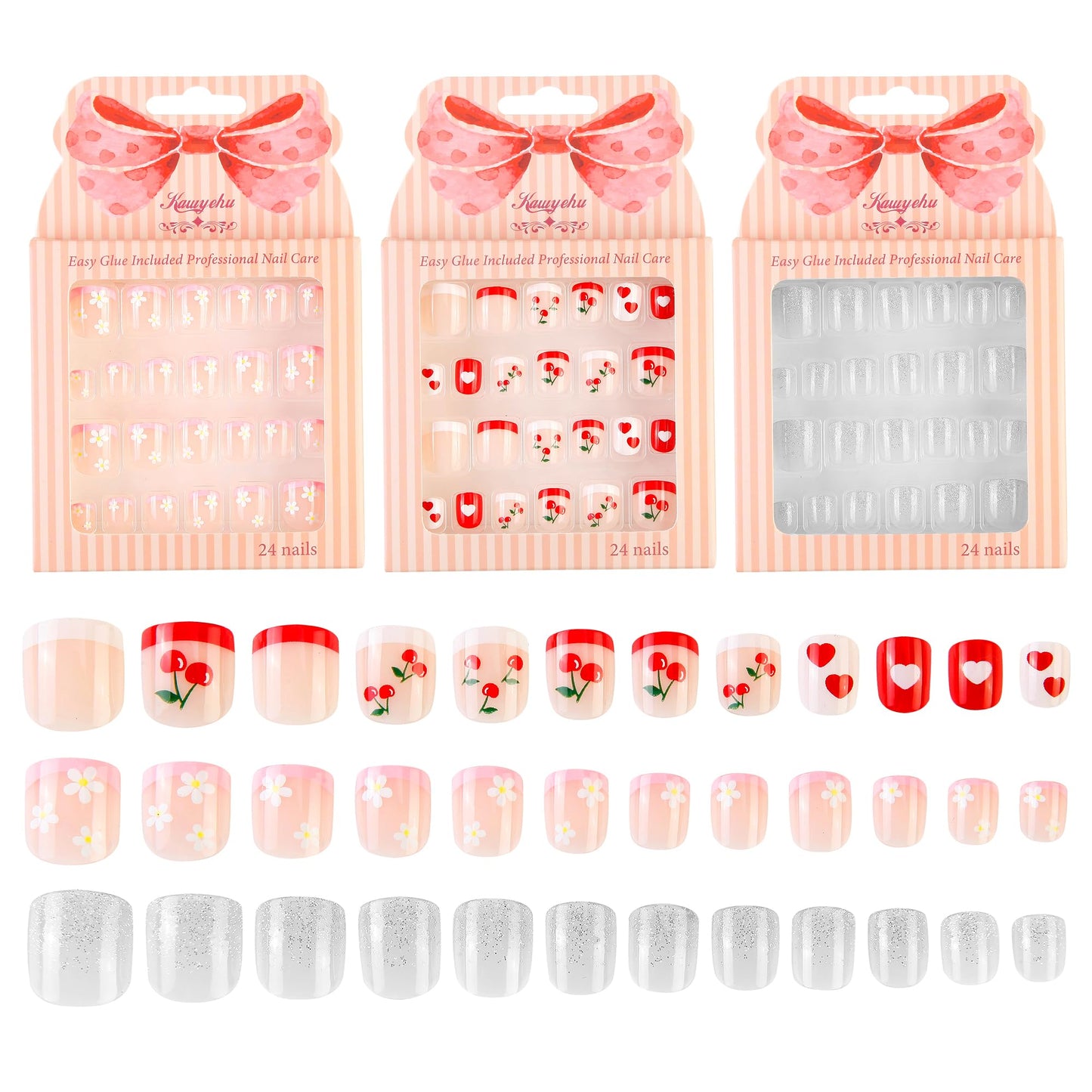 Kawyehu Kids Press on Nails Children Fake Nails 72PCS Artificial Nail Tips Adhesive Full Cover Short False Fingernails for Girls Kids Nail Decoration (Cherry Diamond Glitter)