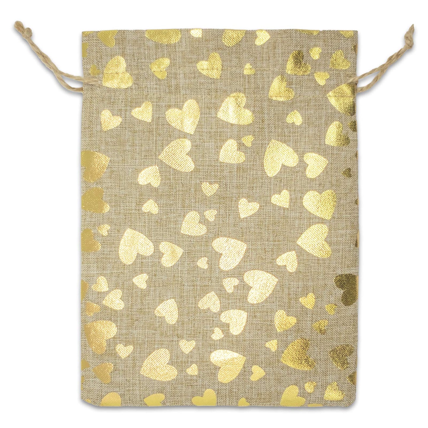 12-Pack 6x8 Reusable Jute Burlap Canvas Gift Bags w. Drawstrings (Golden Hearts, Medium) - for Presents, Party Favors, Retail, Samples by TheDisplayGuys