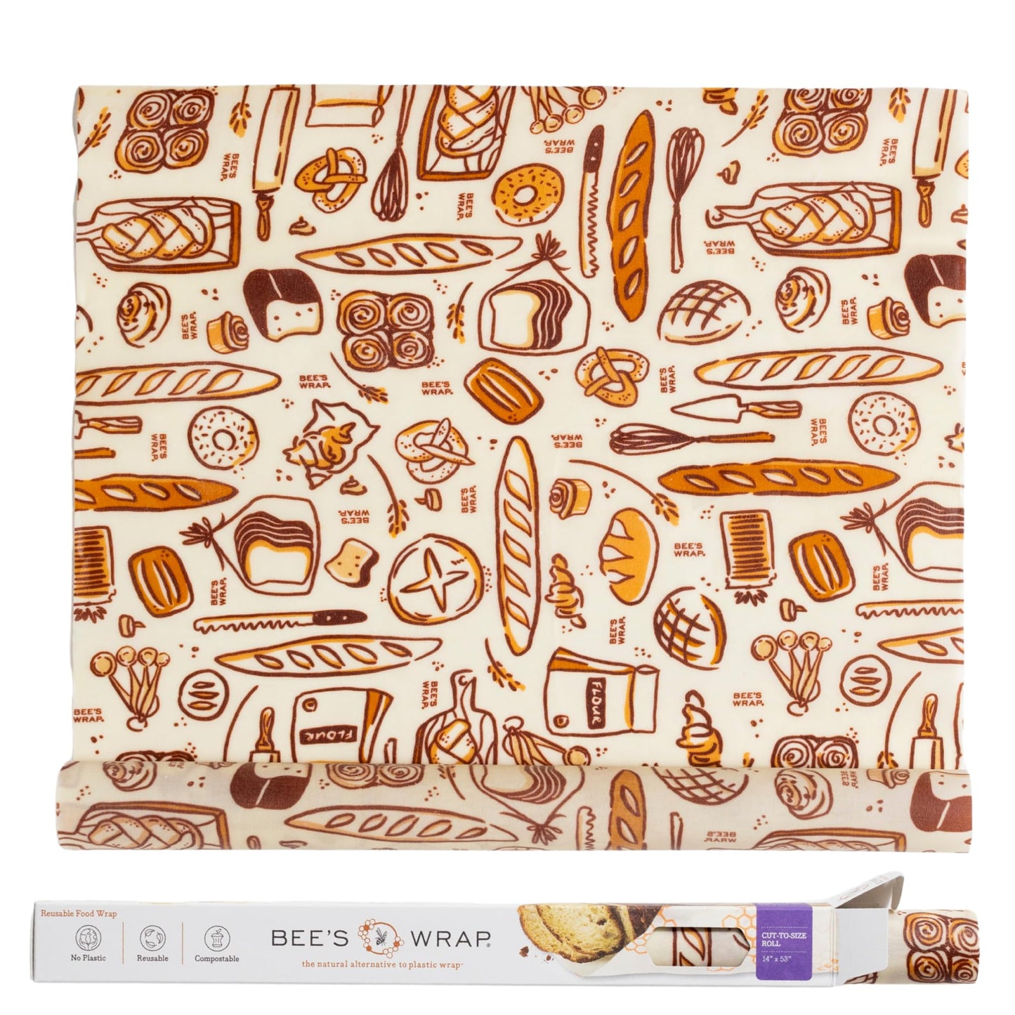 Bee's Wrap Beeswax Wraps for Food - Cut to Size 14x52" Beeswax Wrap Roll - Plastic Free Made in USA Reusable Natural Food Wrap - Bakery Lane