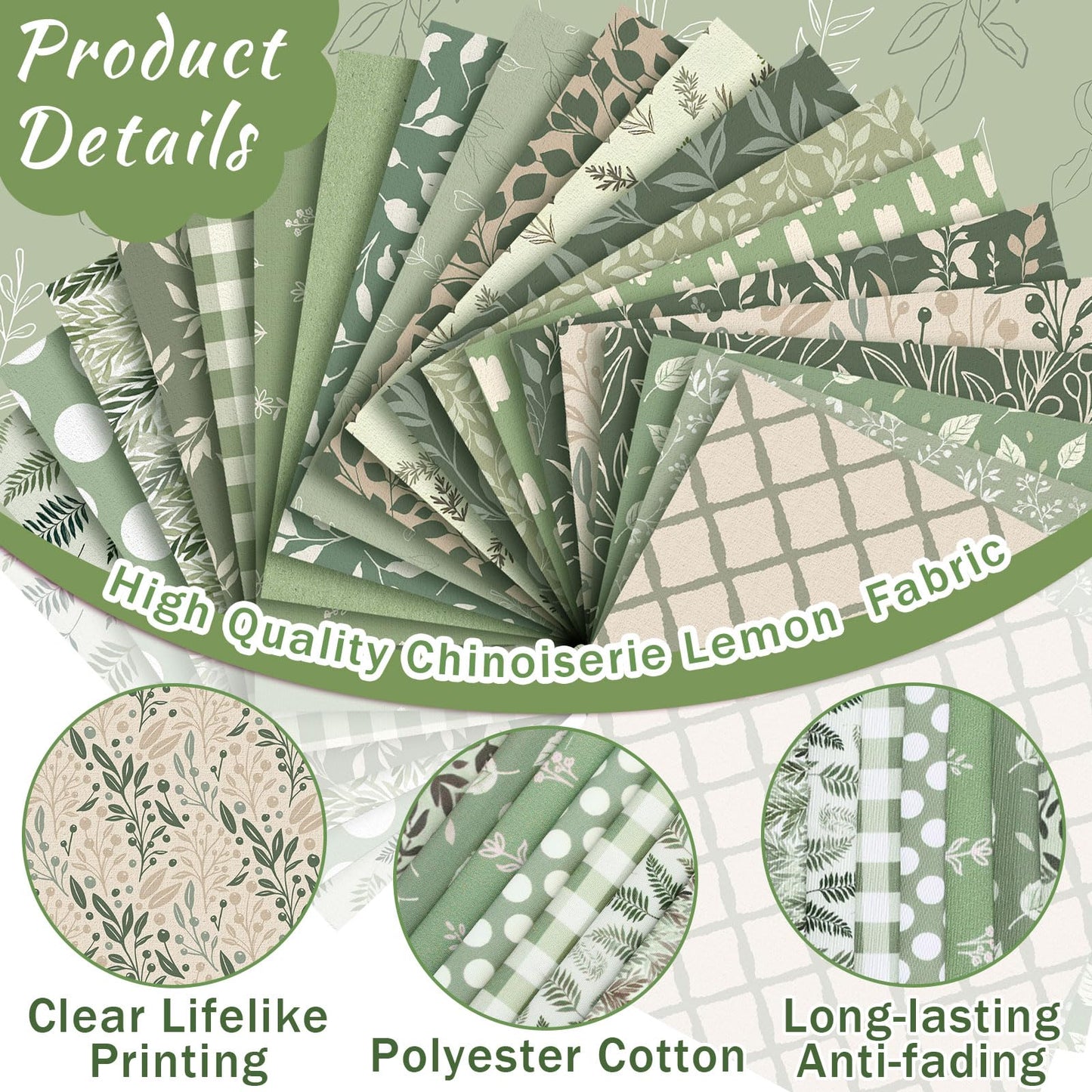 Ganeen 60 Pcs 10 x 10 Inch Sage Green Quilting Fabric Square Greenery Precuts Quilted Fabric Bundle Gingham Polka Dot Spring Leaves Printed Sewing Material for Holiday Patchwork DIY Craft Supplies