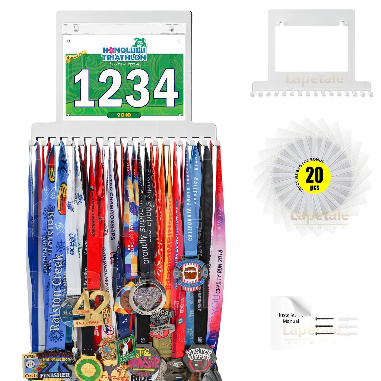 Lapetale Fashion White Race bib and Medal Display,Marathon Medal Display and Runner Medal Hanger Display,Bib Running Medal Display, Running Medal Hanger Display,Medal Holder for Wall
