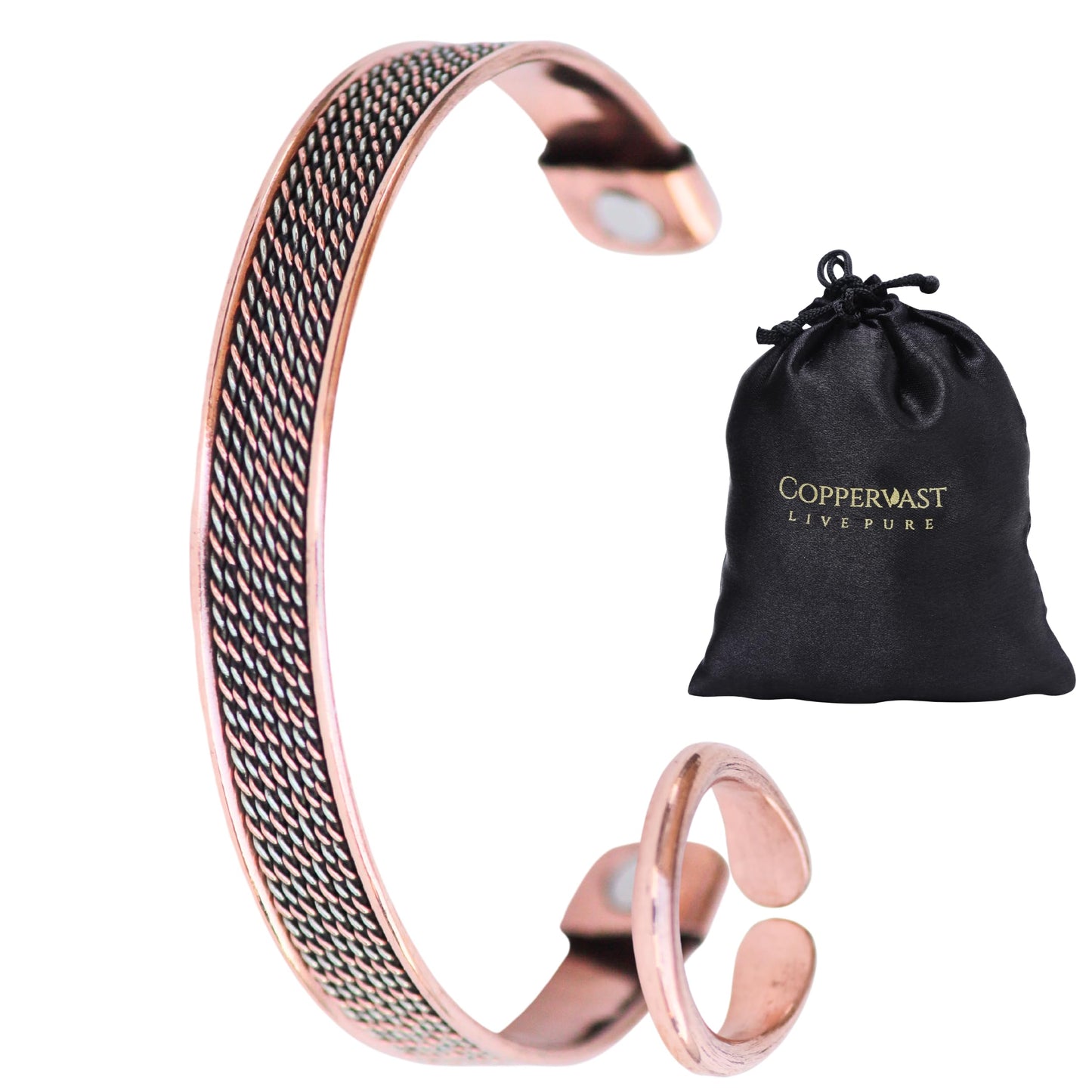 Coppervast Pure Copper Bracelet & Ring Set – Adjustable Handmade 99.99% Solid Copper Jewelry for Men & Women | Elegant Copper Cuff Bracelets & Ring Gift for Men and Women