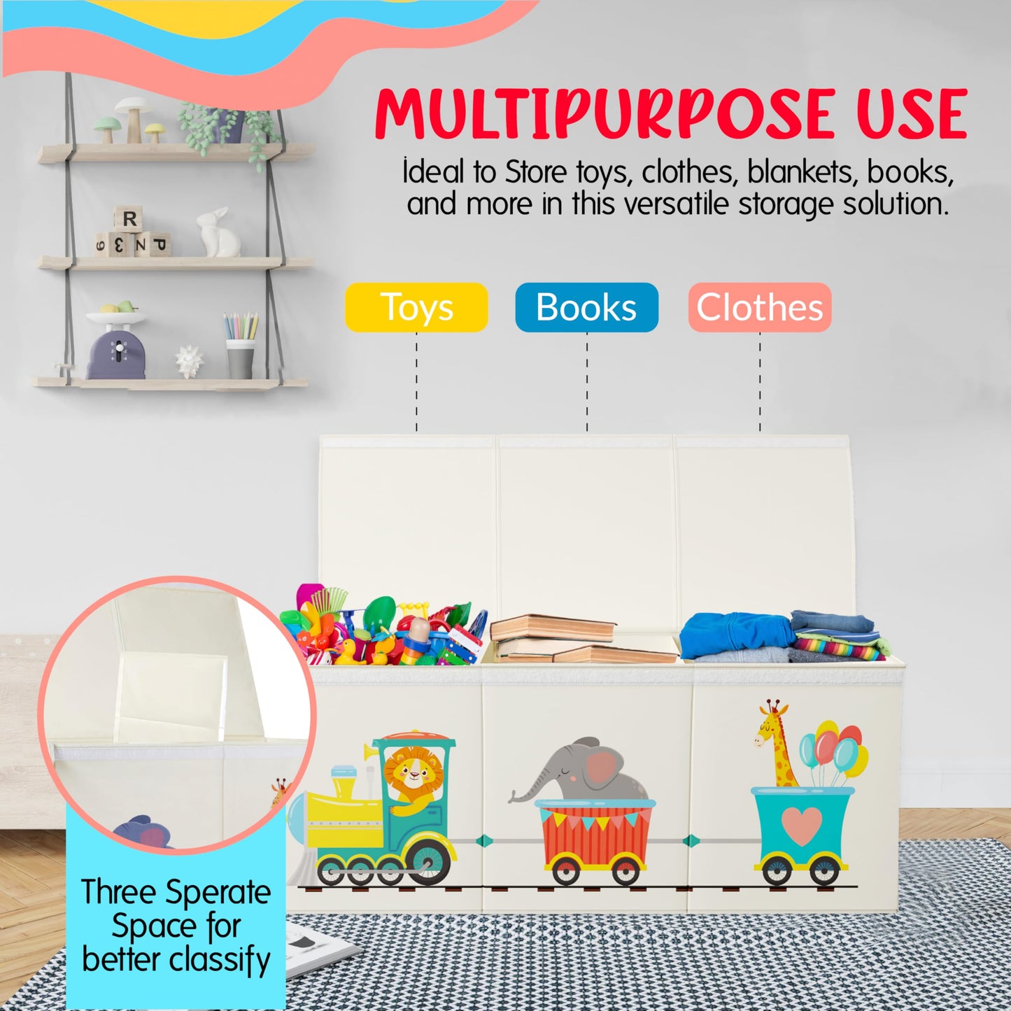 Rossoff Extra Large Collapsible Sturdy Toy Storage Organizer with Lids, Animal Train Toy Box for Boys Girls, 40"x16"x16", Modern, Beige