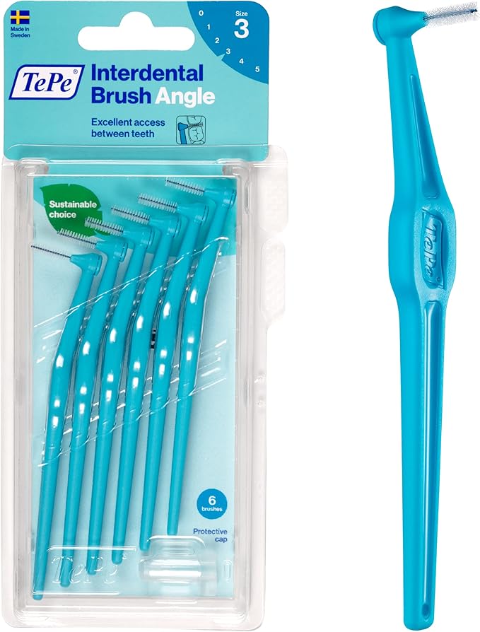 TePe Interdental Brush Angle, Angled Dental Brush for Teeth Cleaning, Pack of 6, 0.6 mm, Medium Gaps, Blue, Size 3