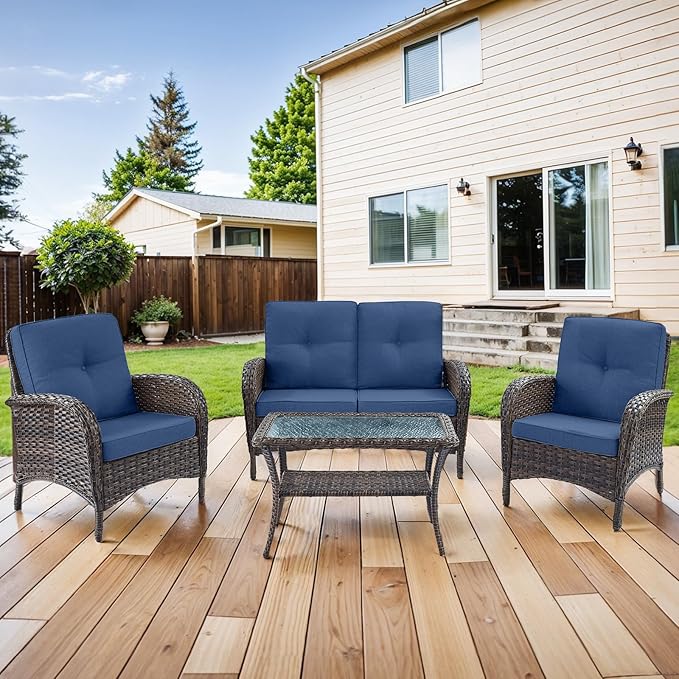 HUMMUH 4-Piece Patio Furniture Wicker Outdoor Conversation Set,All-Weather Rattan Outdoor Sofa Set Patio Chairs Coffee Table for Backyard,Porch,Deck