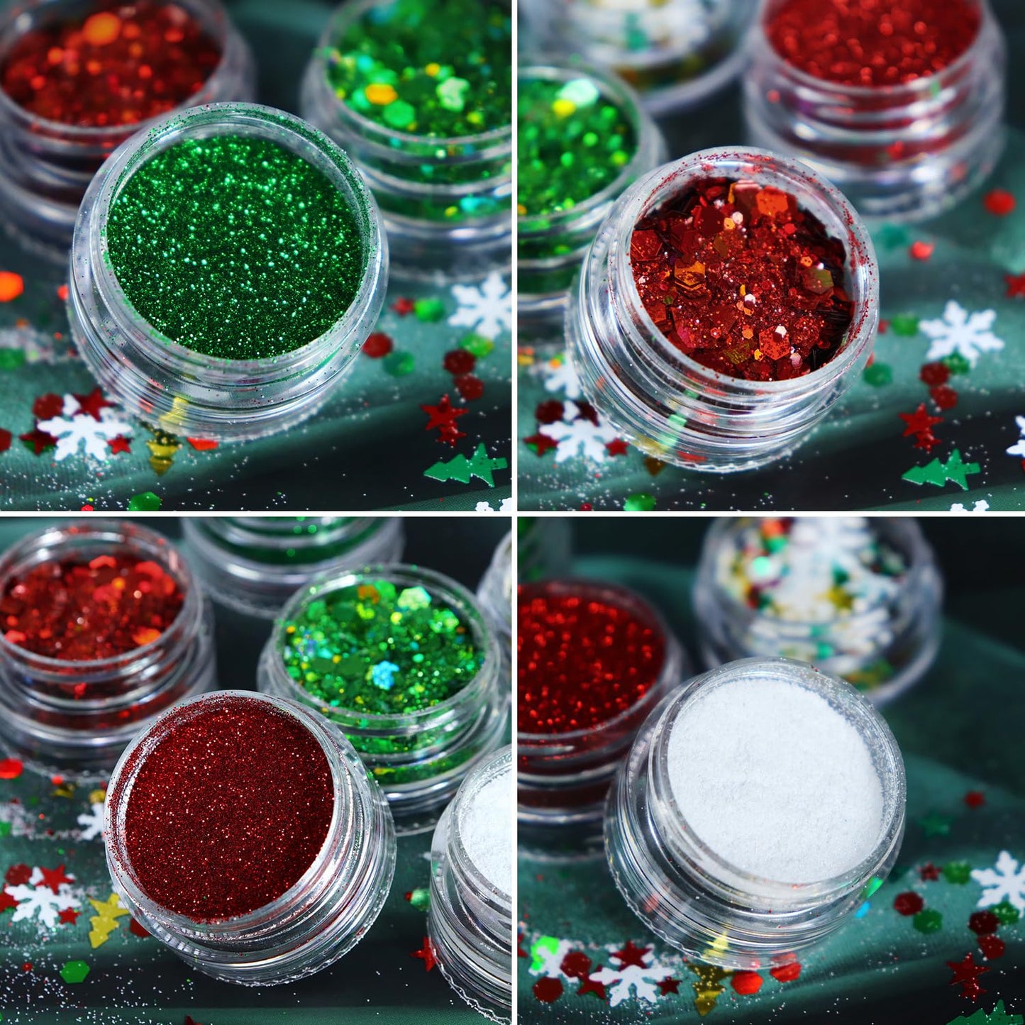 LPOODDNU Winter Nail Art Decorations: Flakes 3D White Snowflake Nail Decals, Green Red Designs, Holographic Christmas Glitters