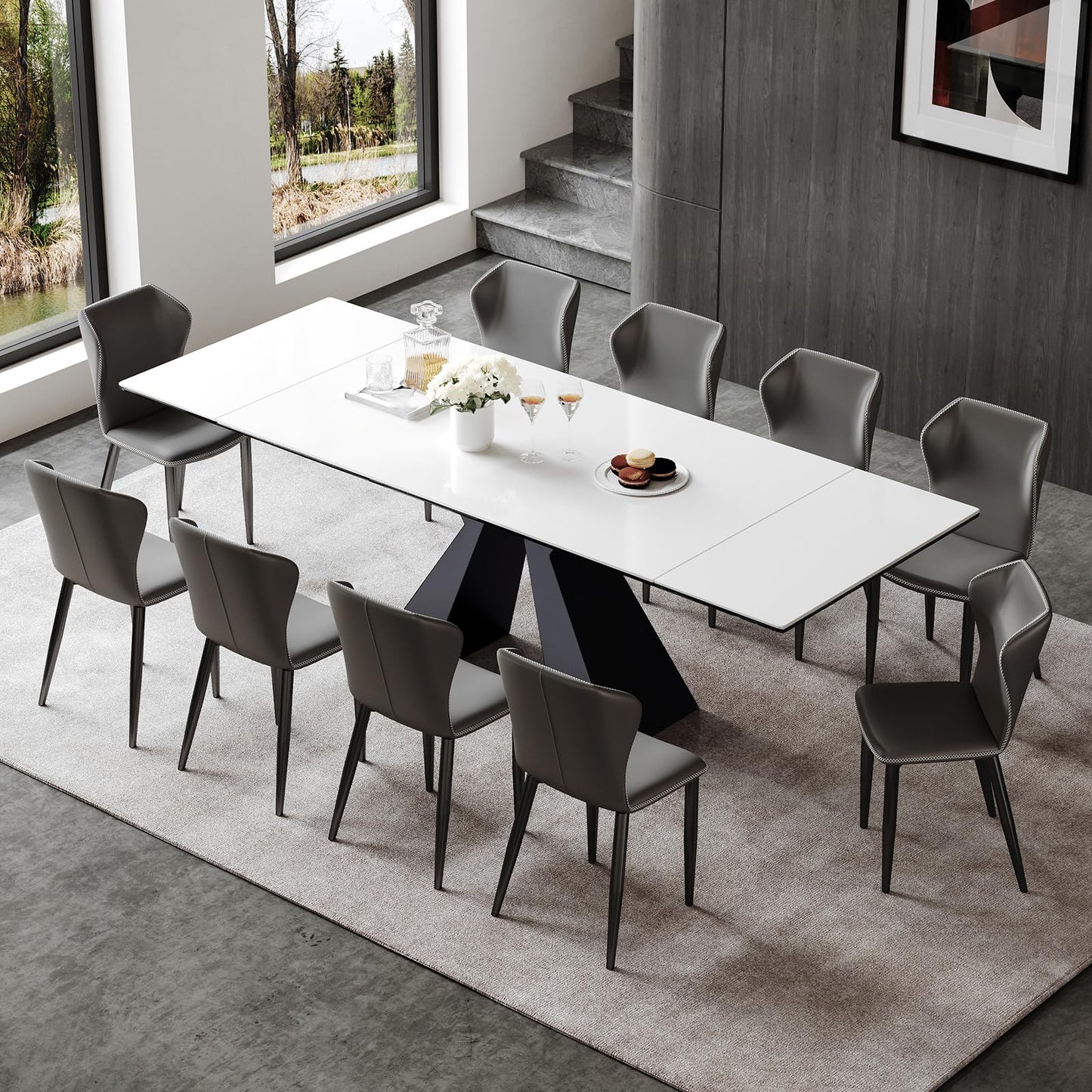 TimesGate Extendable Dining Table for 8-12 Seat, Flexible Stretch, Tabletop Made from Rock Plate and Tempered Glass, Solid Carbon Steel Base, 35.4" D x 94.5" W x 30" H, White Top