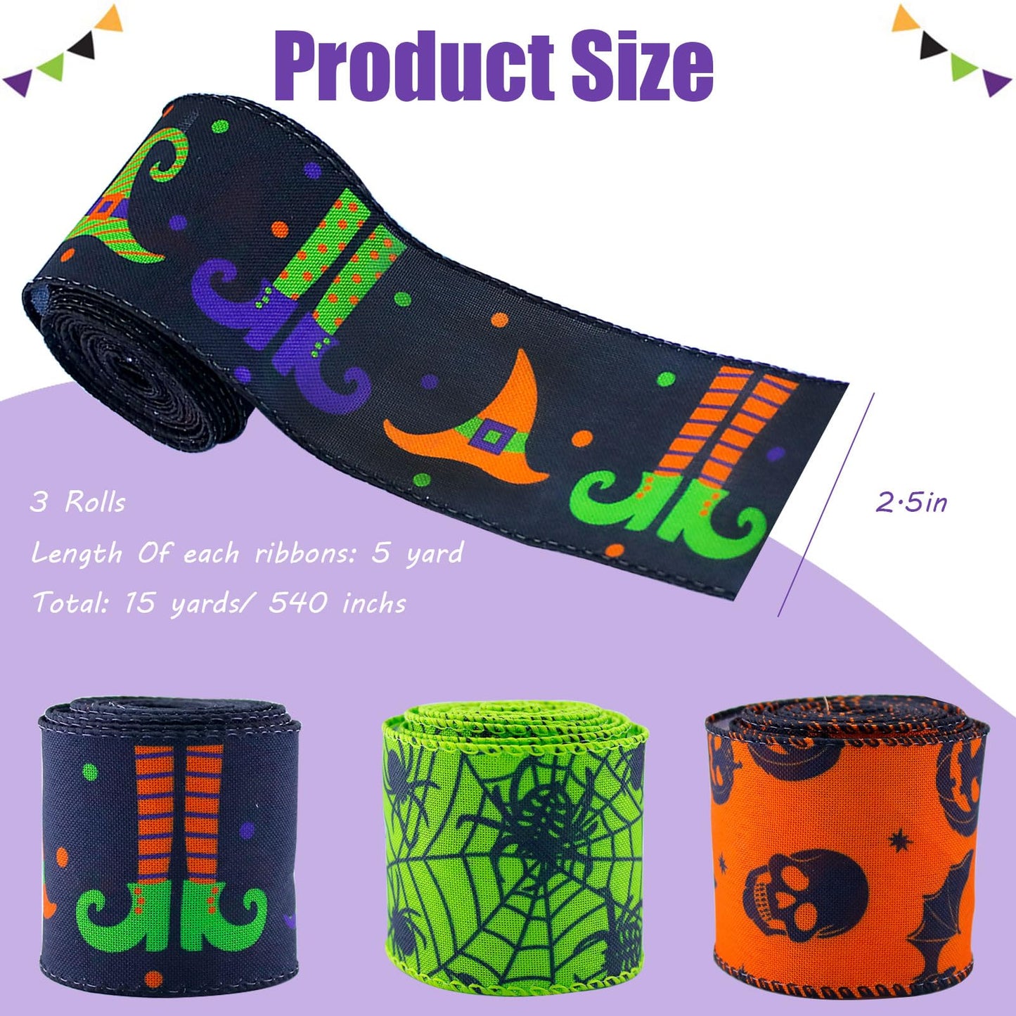 3 Rolls 15 Yards Halloween Wired Edge Ribbon - Bat Skull Pumpkin Halloween Decorative Spider Web Printed Wrapping Ribbon for Party Wreath DIY Craft Floral Bow
