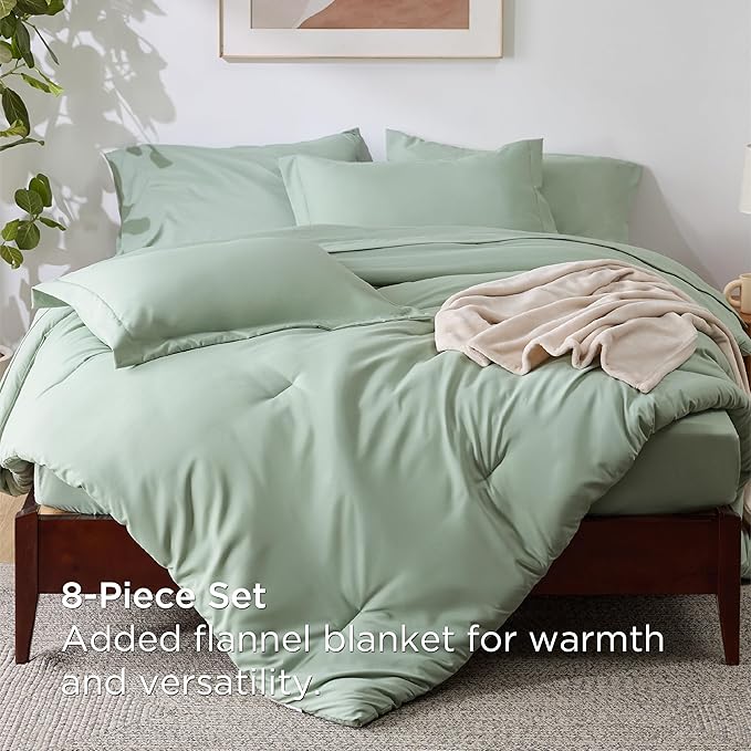 Bedsure Twin Comforter Set Sage Green, 6 Pieces Prewashed Twin Size Bed in a Bag with Soft Fleece Bed Blanket, Down Alternative Bedding Set for All Seasons, Sheets, Pillowcase & Sham
