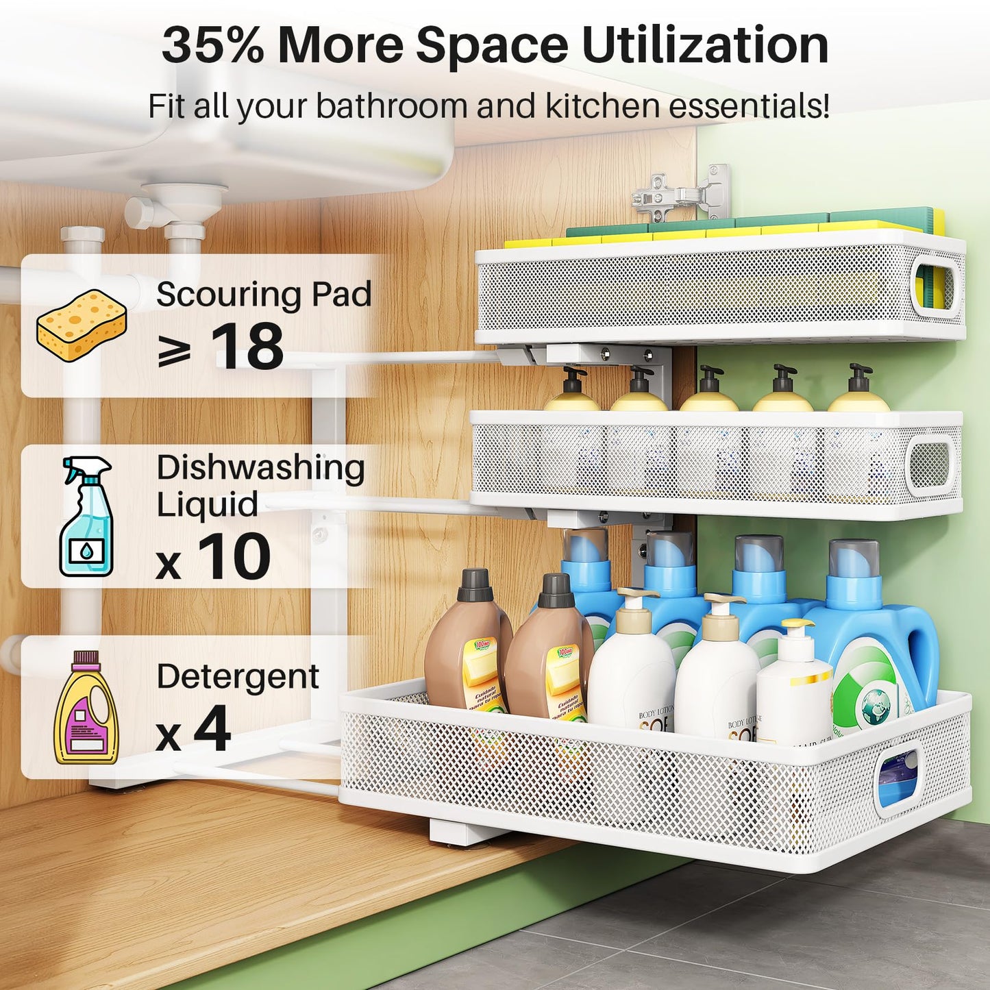 Kitstorack Under Sink Organizer, 2-Pack 3-Tier Height Adjustable Thickened Metal Pull out Cabinet Organizer Shelf, Slide out Storage Drawer Rack for Bathroom Kitchen Pantry Home Laundry Organization