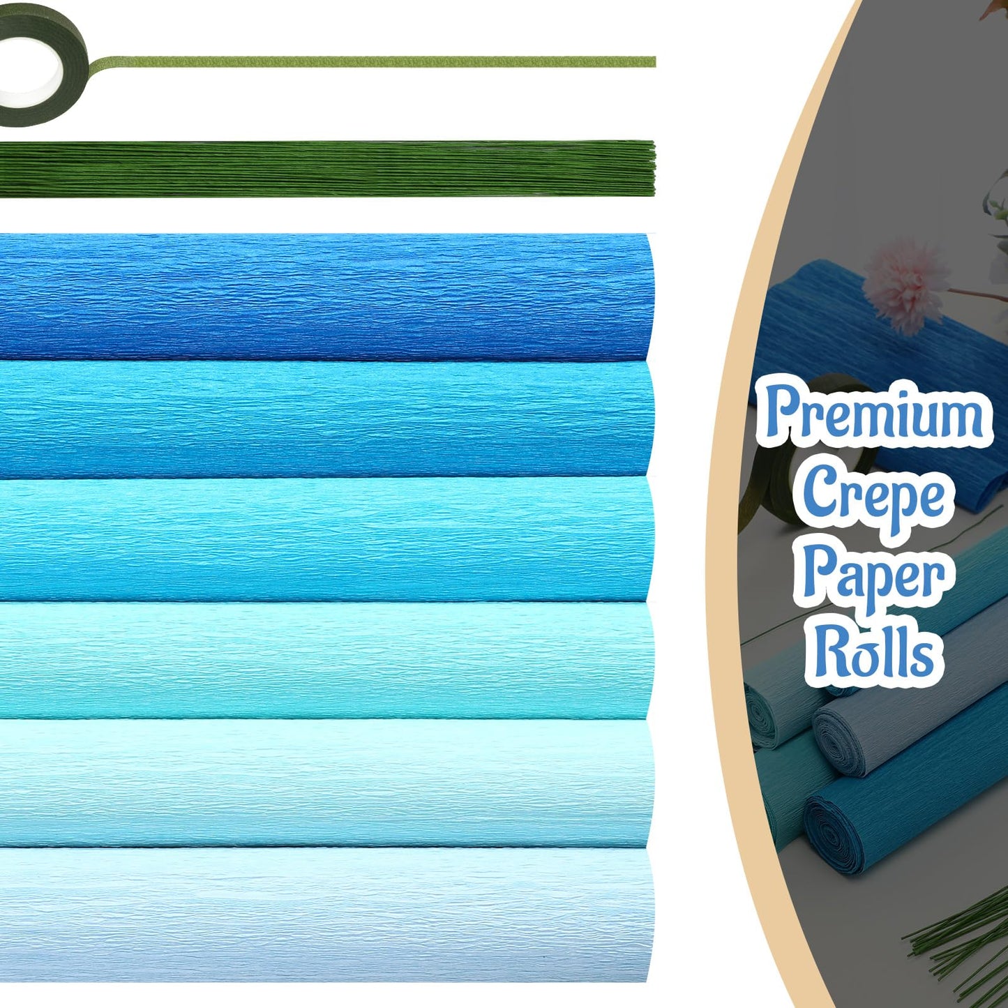 Gersoniel 57 Pcs Crepe Paper Flower DIY Kits 6 Rolls 35g Papel Crepe Sheets 50 Pcs Floral Iron Wire 10 Inch x 8 Feet 1 Roll 50 Meter for Birthday Party Wedding(Gradient Blue Series)