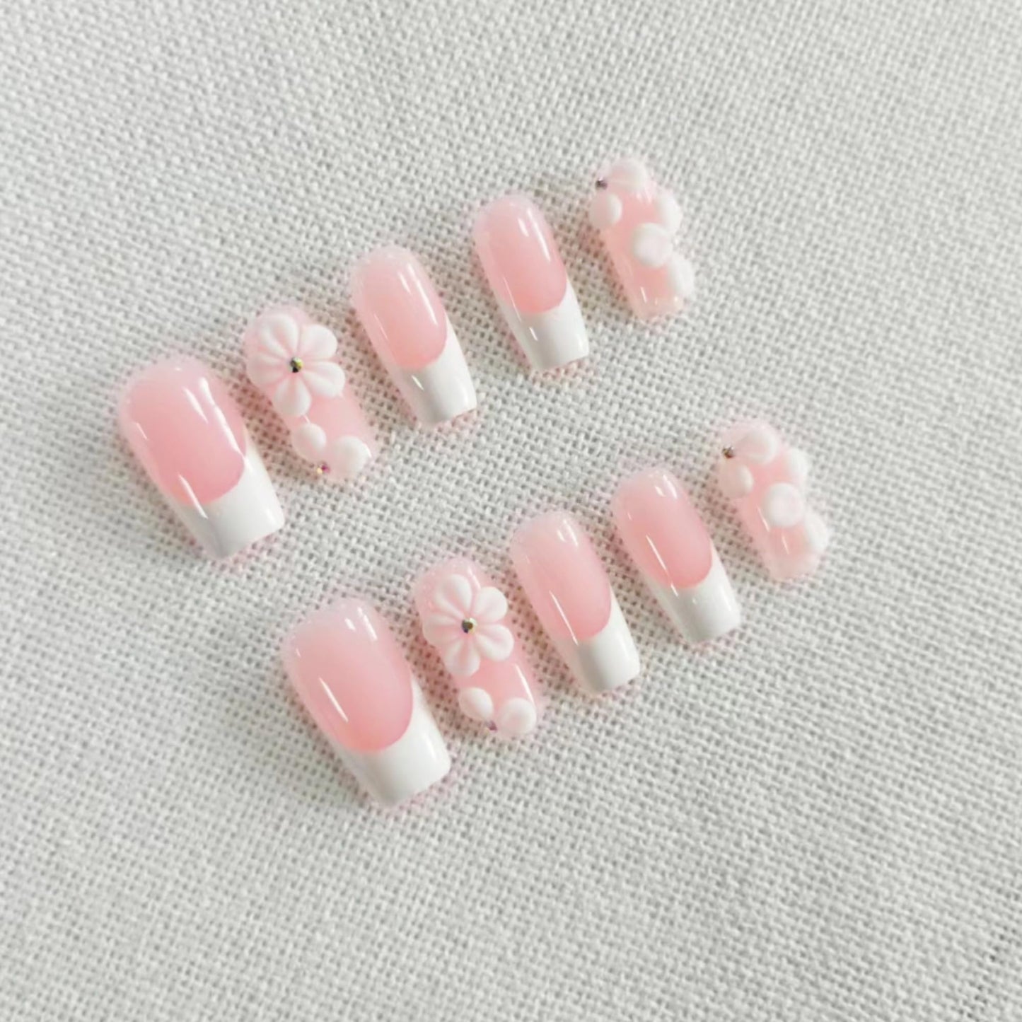 Luxury Press on Nails Medium Square Handmade Fake Nails 3D Flower Embossed False Nails White French Tip Acrylic Nails Press Ons with Designs Pink Full Cover Artificial Nail for Women 10Pcs(Size M)