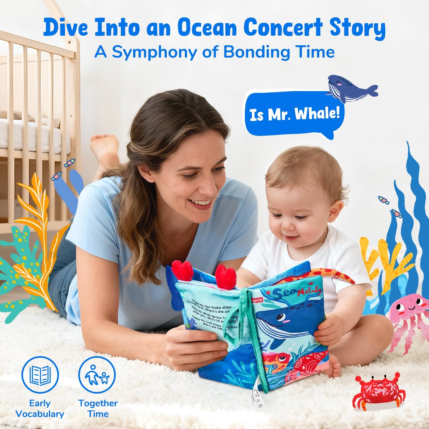 JoyCat Baby Books 0-6-12 Months - Ocean Tummy Time Toys Mirror - Montessori Sensory Activity Cloth Book with 3D Crab & Fish - Newborn Easter Basket Stuffers