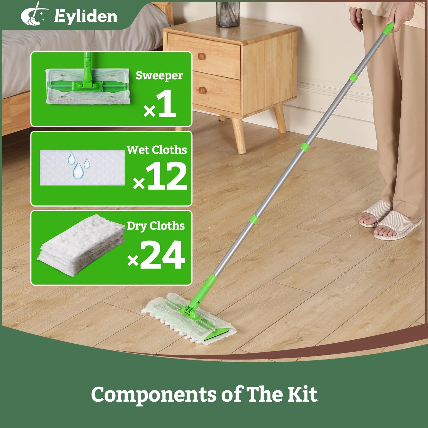 Eyliden Sweeper Mop with 36 Refills - 3 Types of Disposable Dry & Wet Cloths | Lock-Tight Design No Lost Pads, Universal Refills, Multi-Surface Sweeping Starter Kit for Pet Hair, Dust, Floor Cleaning