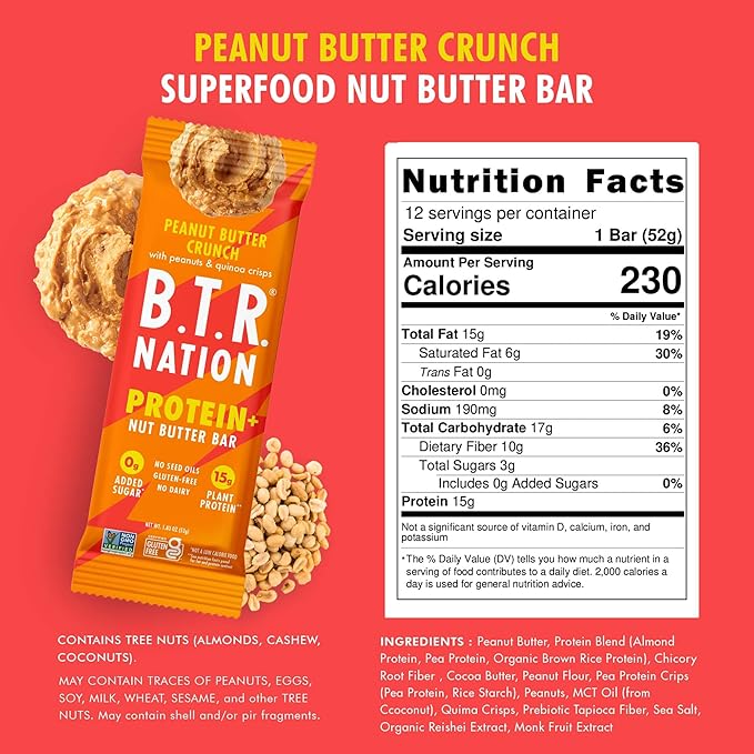 B.T.R Nation Vegan Keto Plant Based High Protein & HIgh Fiber Bars - Peanut Butter Crunch Protein+ | 6 Bars | Low Carb & GF, Free of Sugar Alcohols, Dairy, Soy, with Powerful Superfoods!