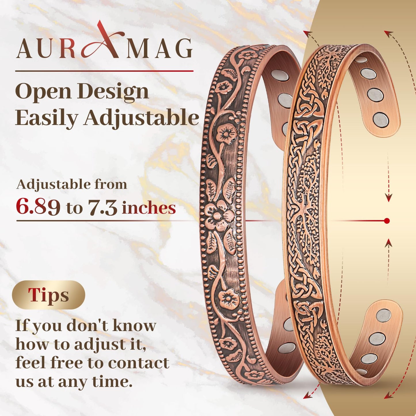 Auramag Copper Bangle for Women, Magnetic Cuff Bangle with 3500 Gauss Magnets, 100% Pure Copper Jewelry with Gift Box(Set of 2)