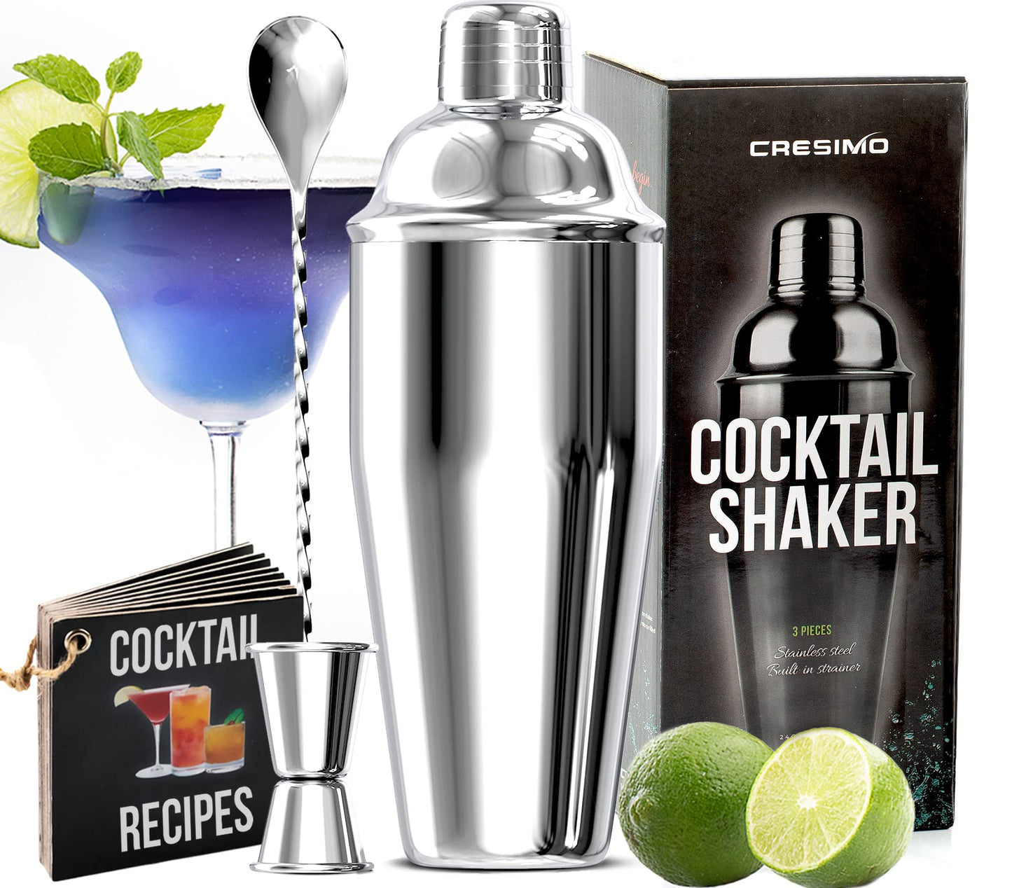 Cresimo 24oz Cocktail Shaker Set with Bar Accessories for Home Bar - Martini Shaker with Jigger and Drink Mixer Spoon - Alcohol Bartender Gift - Bartending Kit Essential for Home