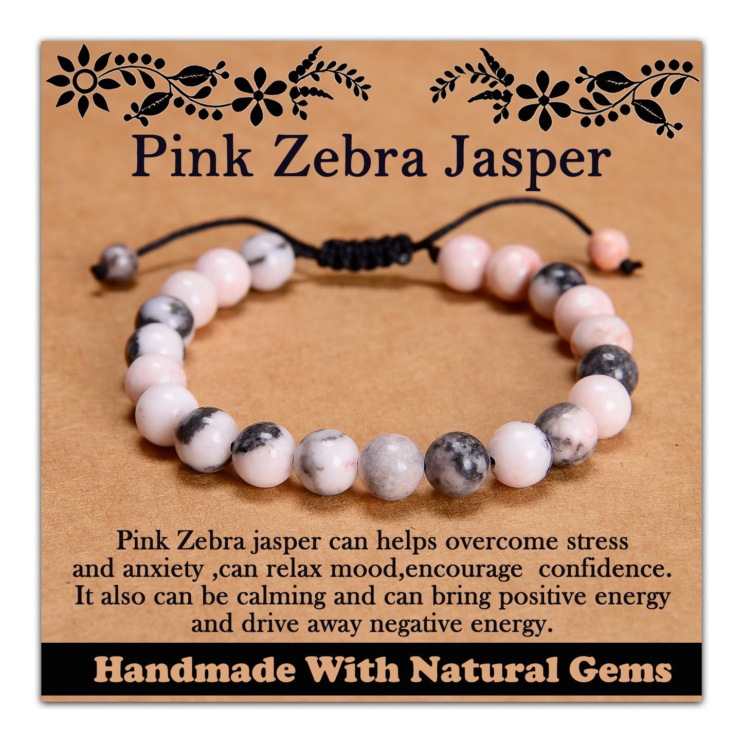 CHCCOYE 8mm Handmade Adjustable Natural Gemstone Crystal Bracelet Healing Power Energy Inspirational Gifts with Card for Unisex (Pink Zebra Jasper)