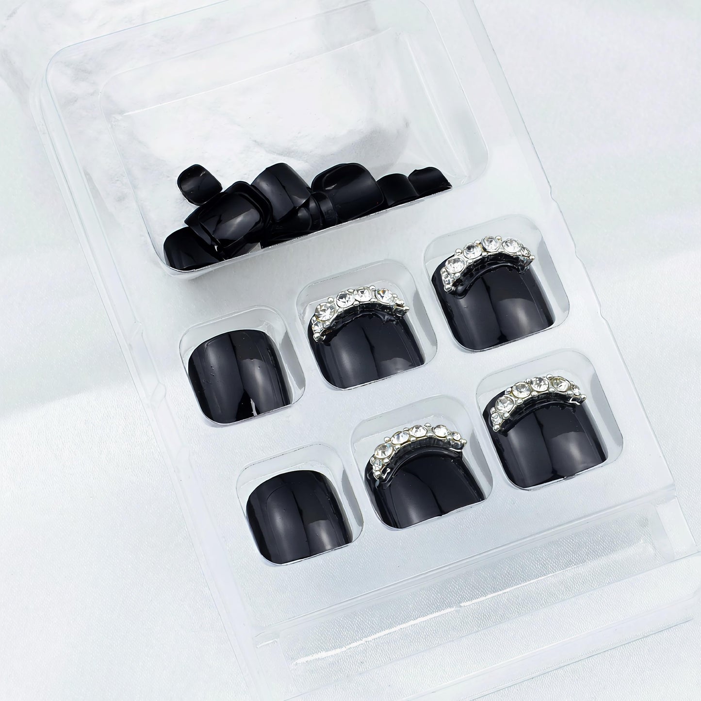 Black Press On Toenails Short Square Glossy Solid Black with Rhinestone Design Full Cover Acrylic Toe Nail for Women Girls Manicure 24 pcs