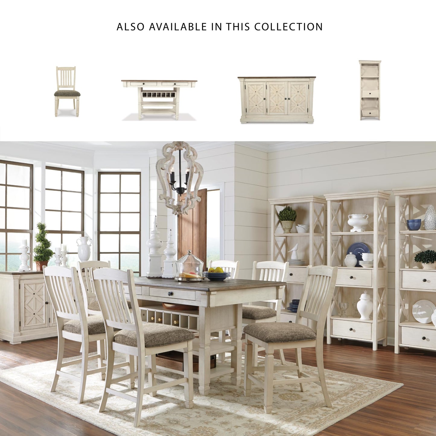 Signature Design by Ashley Bolanburg Rectangular Counter Dining Room Table, 4 Drawers, Seats 6, Storage Rack, Wood, 60" W x 40" D x 36" H, White & Brown