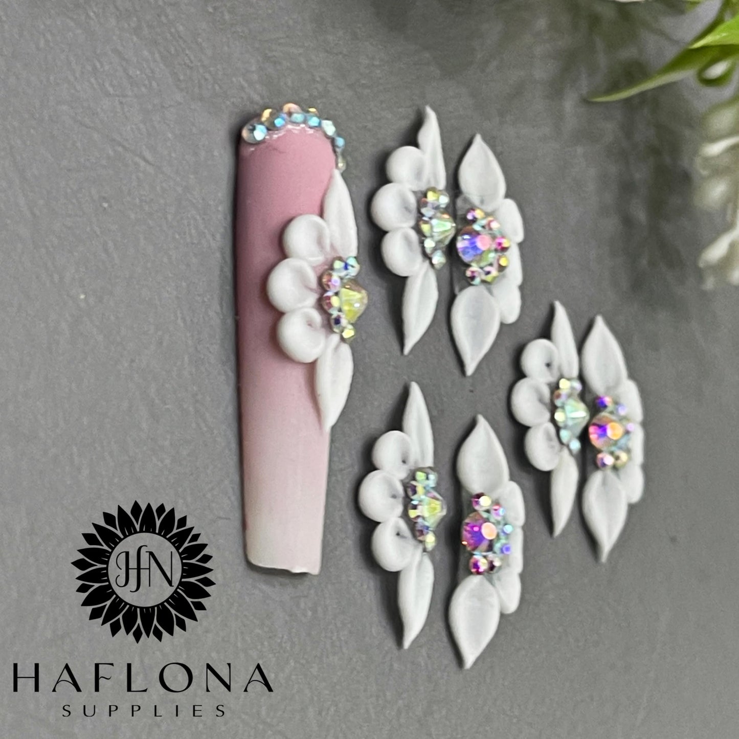 Set 6Pcs 3D Flowers Nails Charms with Rhinestone Gems Glow in Dark Handmade by Acrylic Powder Design for Long Nail L,XL,XXL Nail Art Floral Salon Decor Women (White 7 Rhinestones Glow in Dark-6PCs)