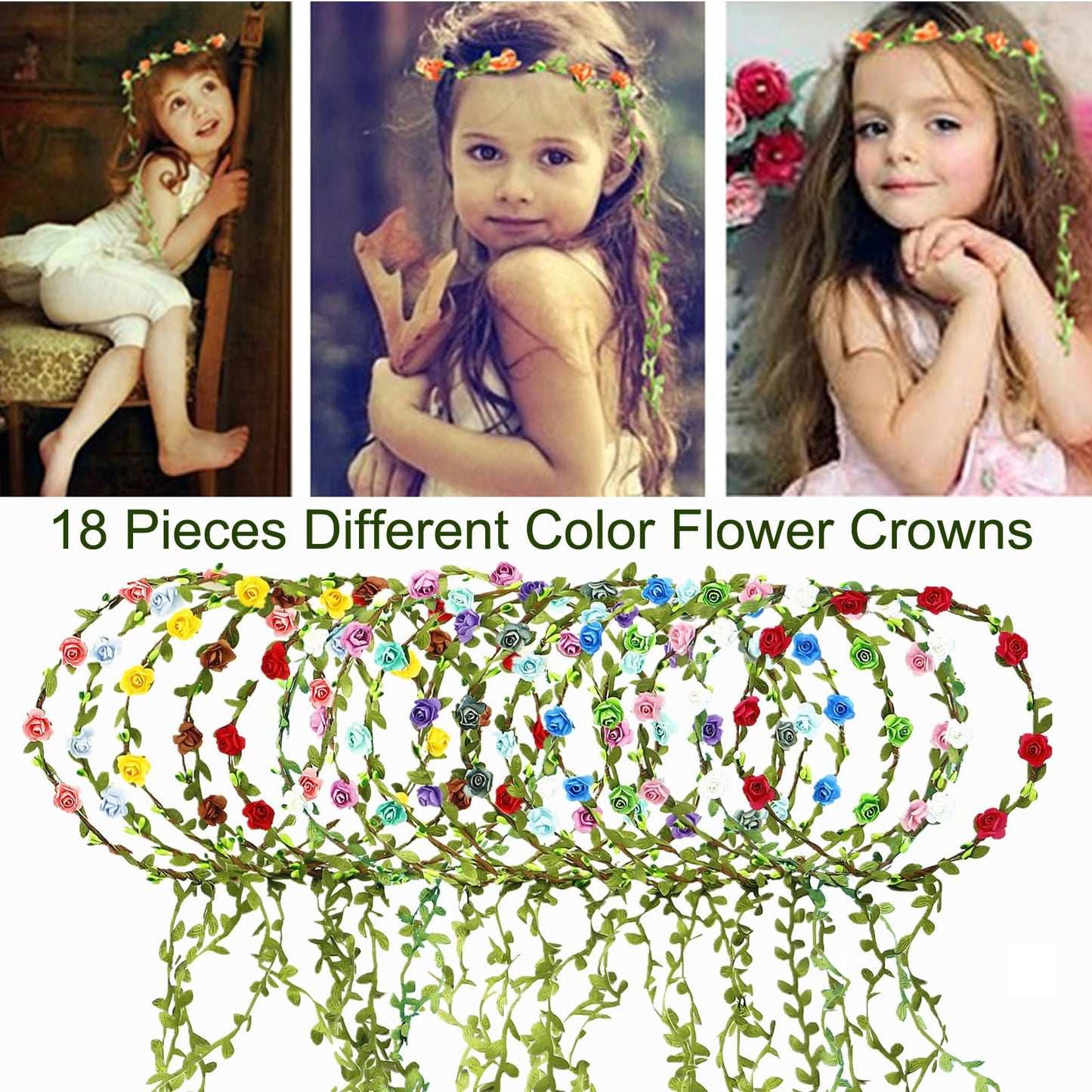 HOPEANT 18 PCS Women Paper Rose Flower Crown Headbands Garland Boho Floral Flower Wreath Headband
