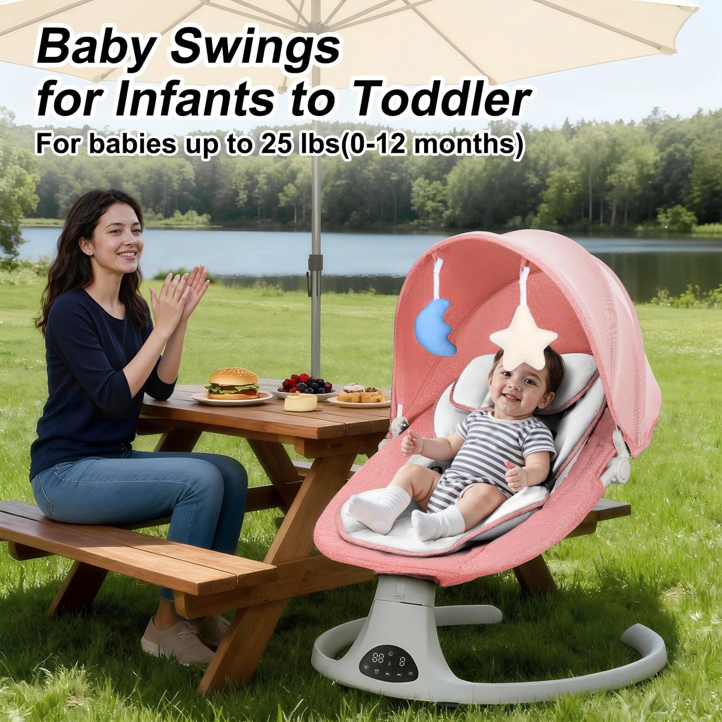 Baby Swing for Newborn to Toddler, 5 Speed Portable Infant Swing with Smart Touch Control, Remote Control, 10 Lullabies, Timer, 5 Point Harness and Soft Fabric (Pink)