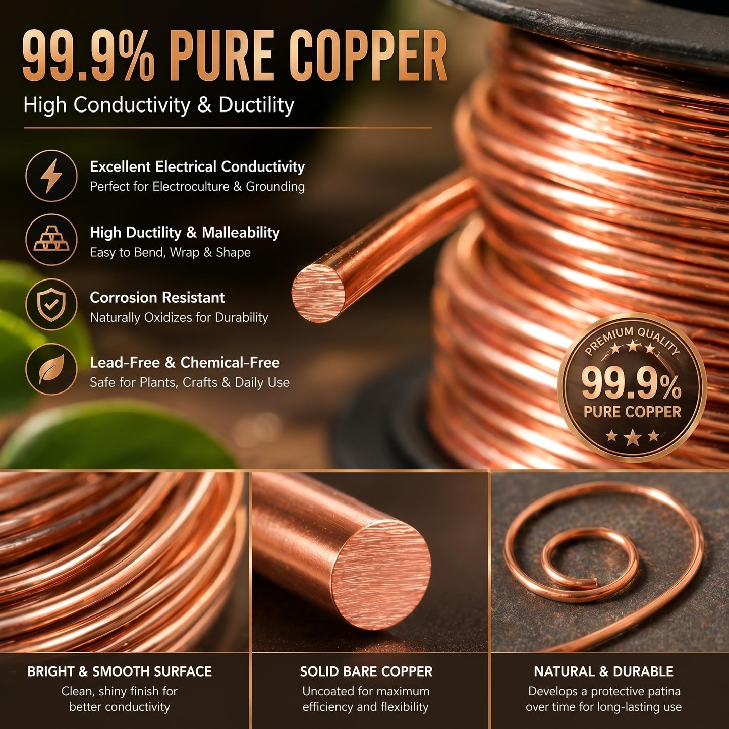 Therwen 100ft 18 Gauge Copper Wire for Gardening, Electroculture, Bonsai, Jewelry Making Beading DIY Craft Pure Bare Copper Wire Spool