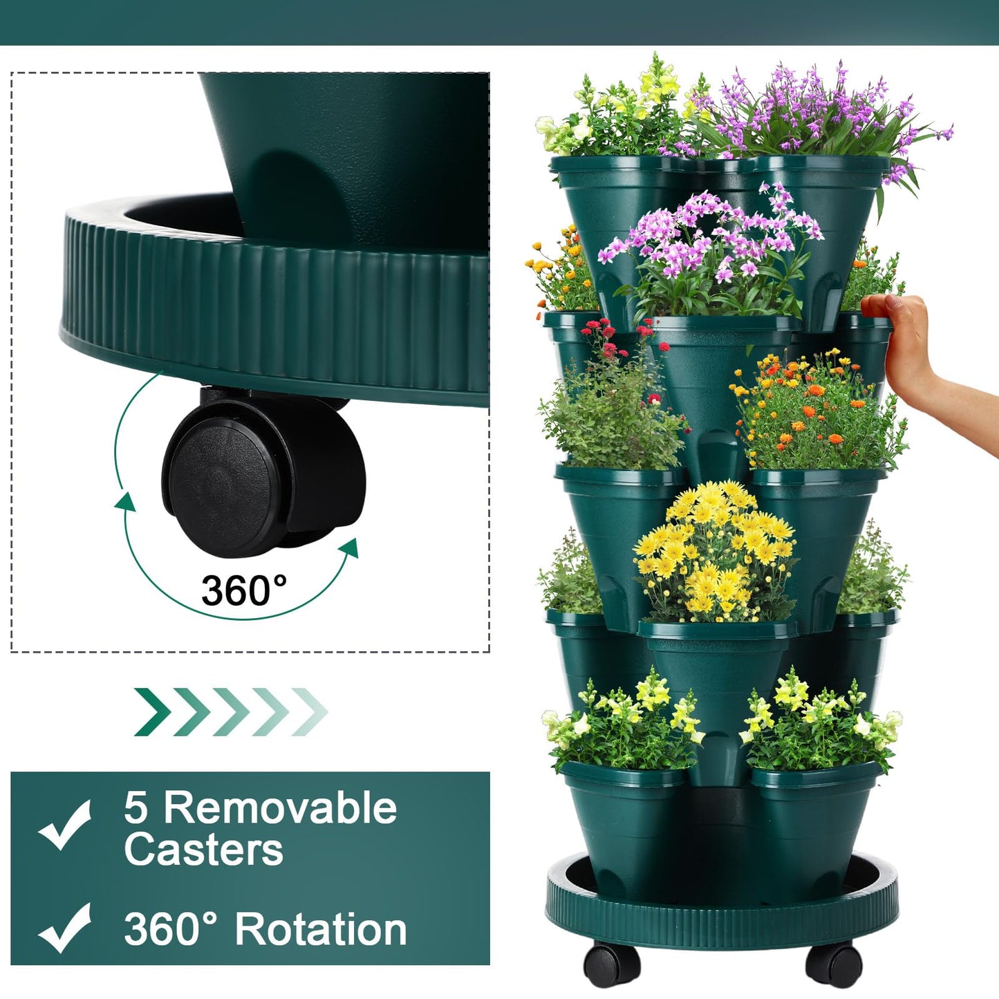 Umigy 2 Set 5 Tier Stackable Planters Vertical Garden Planters for Strawberry Herb Flower and Vegetable Indoor Outdoor Gardening Pots with Removable Wheels and Bottom(Dark Green)