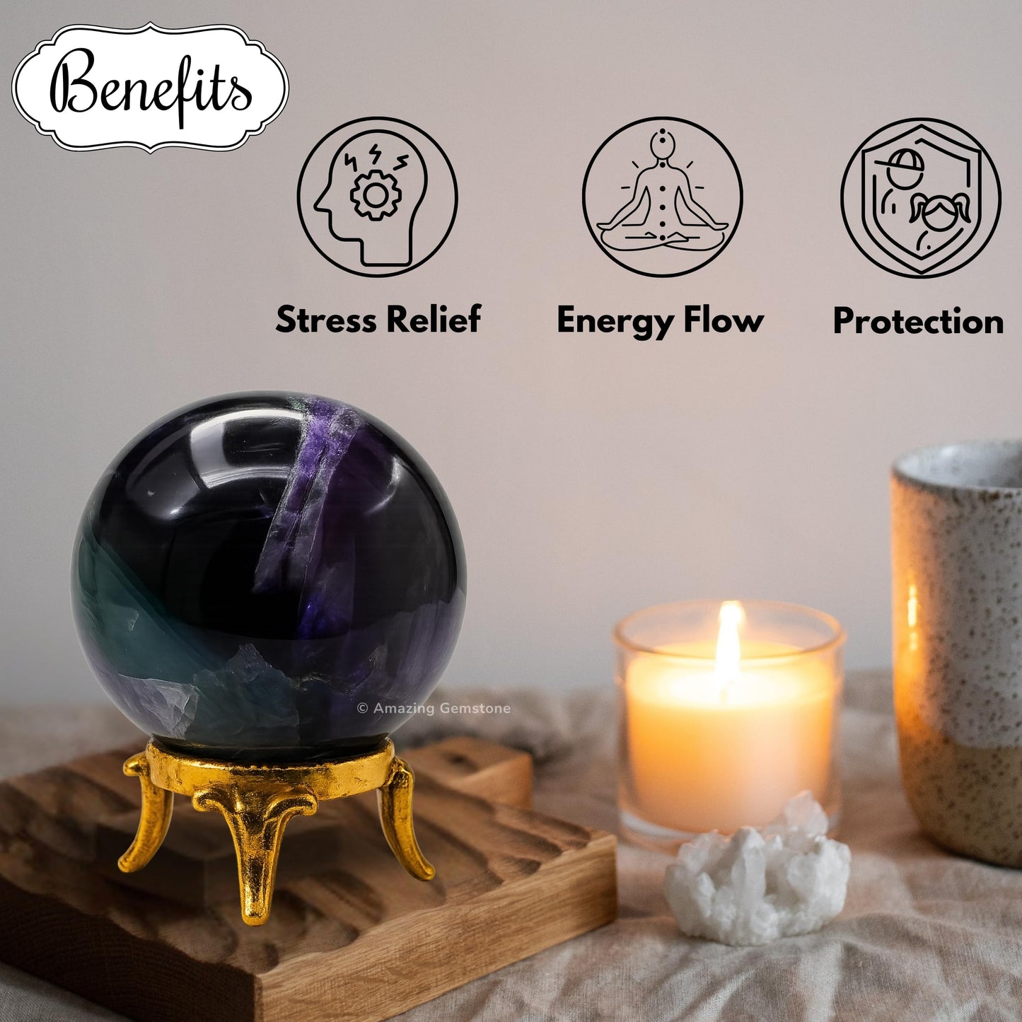 Amazing Gemstone Fluorite Crystal Ball with Stand - 2 Inches Crystal Sphere Meditation Balls for Witchcraft and Decorative Balls