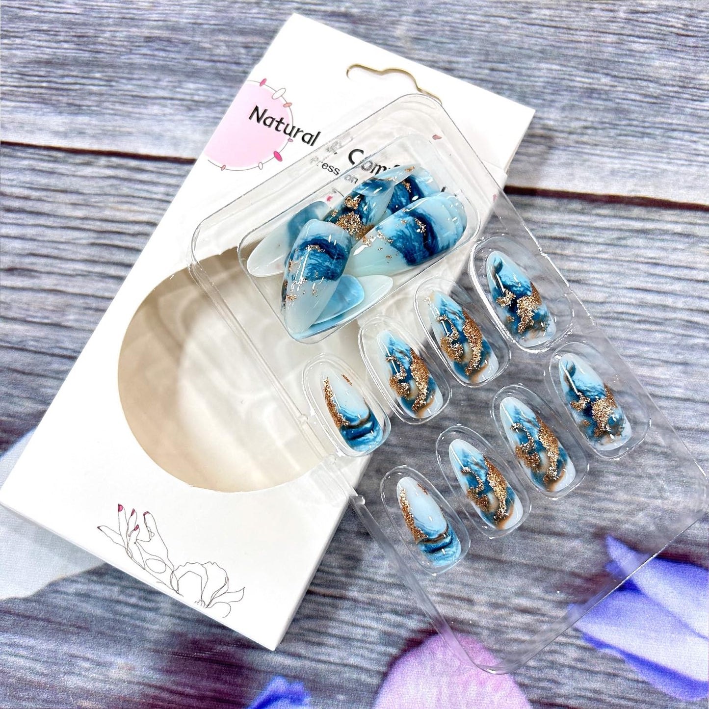 CLDLTS Press on Nails Medium Almond Shaped Blue Smudge False Nail Press Ons with Design Gold Foil Stripes Full Cover Artificial Acrylic Nails Glossy Reusable Glue on Nails for Women