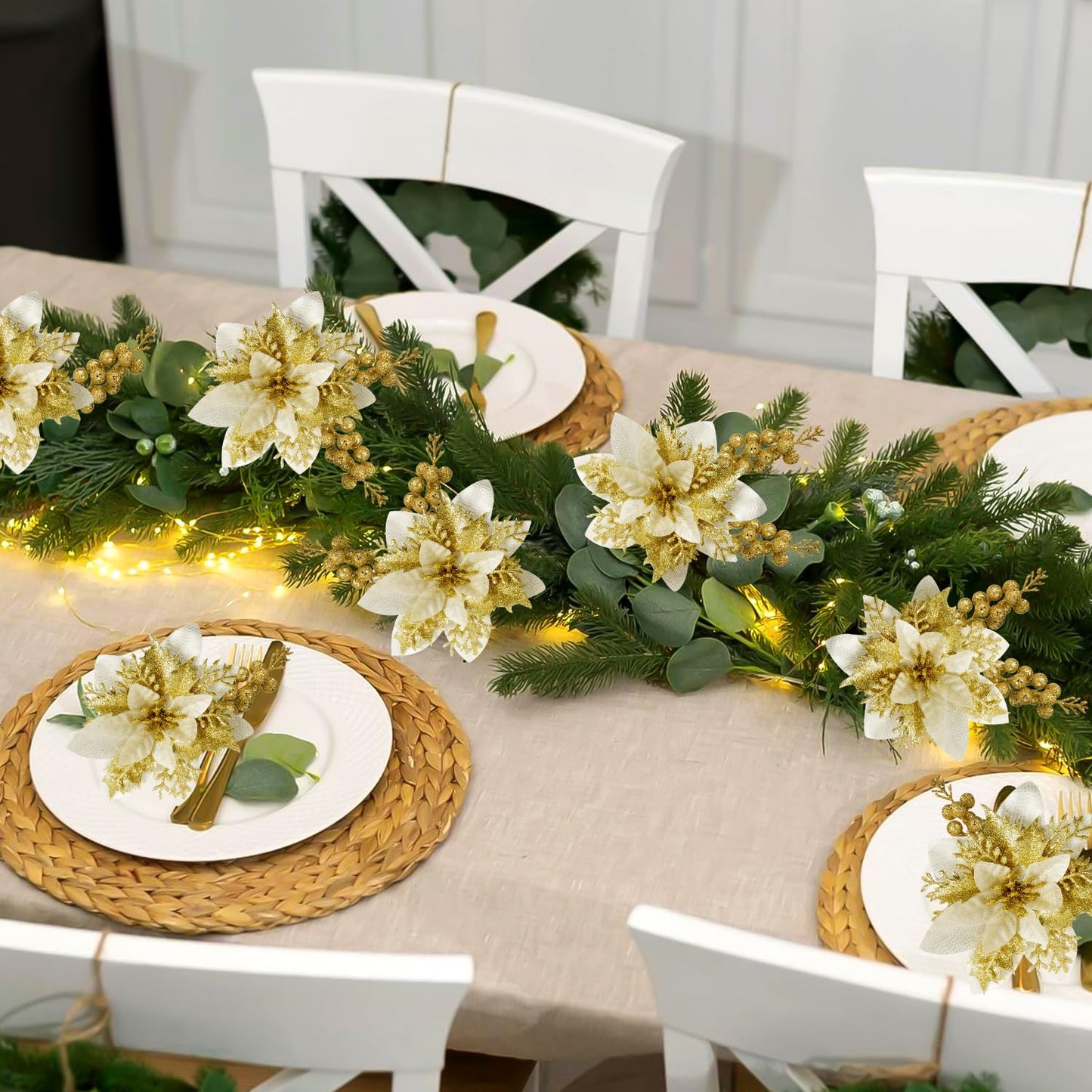 trytuny 50pcs Glitter Poinsettia Christmas Ornaments, Artificial Flowers with Clips Stems for DIY Wreath Making, Holiday Home Party Decorations, Indoor Use (Gold)
